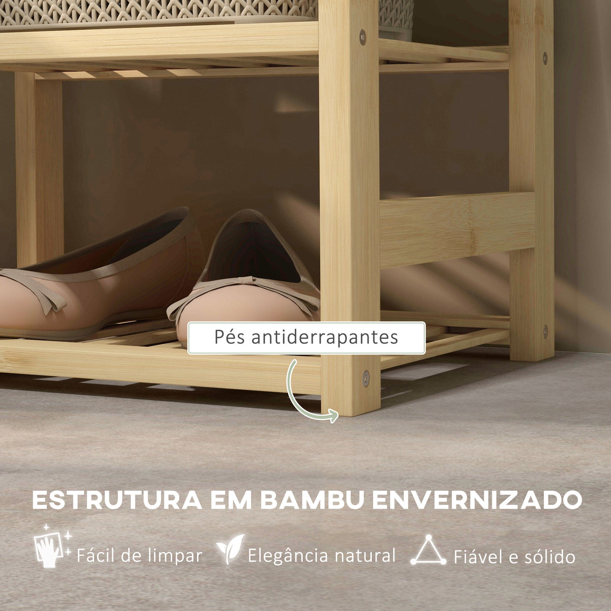 Banco para Sapatos de Bambu Móvel Sapateira com Assento Cesta Amovível e Prateleiras Abertas para 4 Pares de Sapatos Banco Sapateira para Entrada Corredor 69x30x45 cm Madeira — foto 6