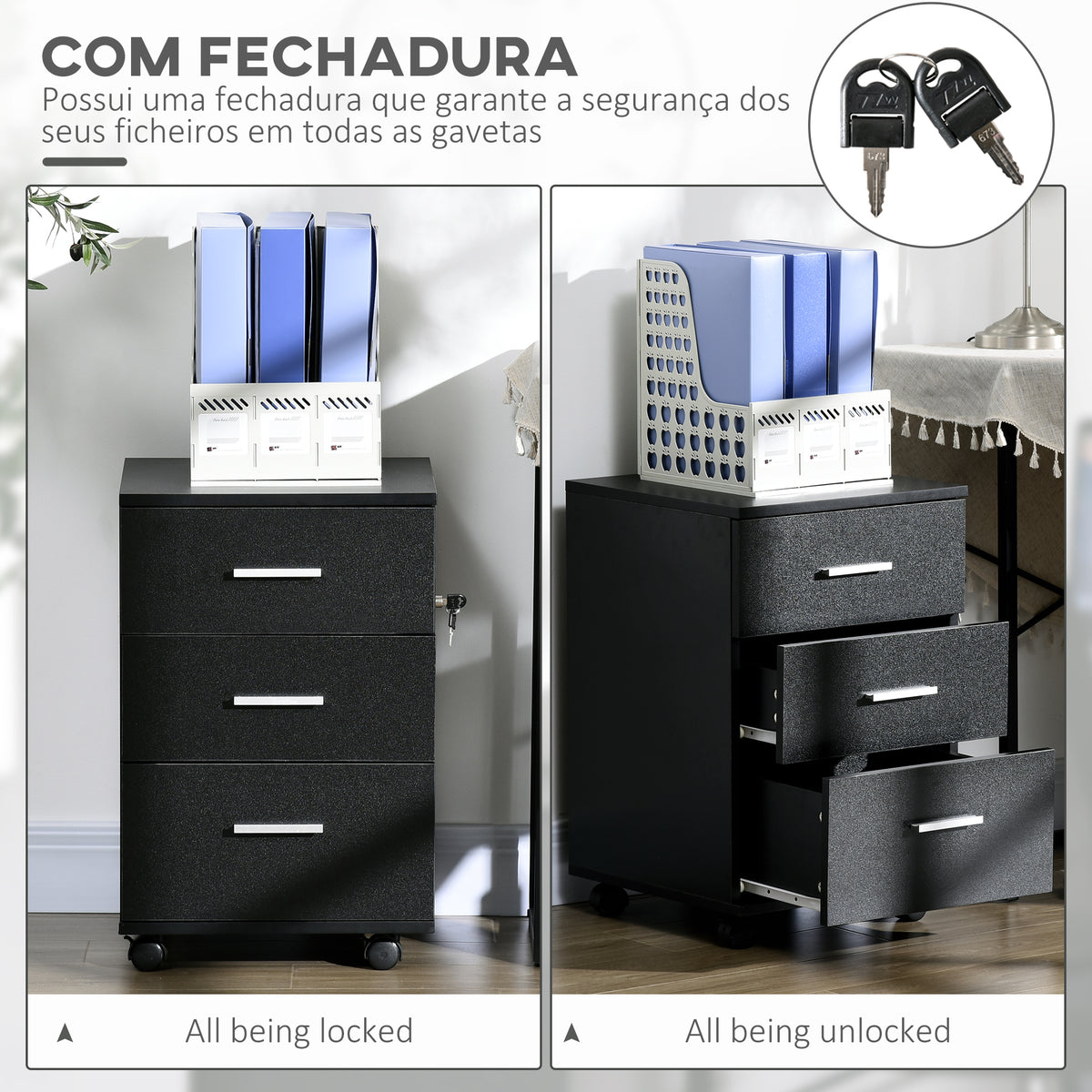 Bloco de Gavetas para Escritório Móvel de Arquivos com 3 Gavetas 4 Rodas e Fechadura com 2 Chaves para Escritório Secretária Casa 40x40x61,5 cm Preto — foto 4