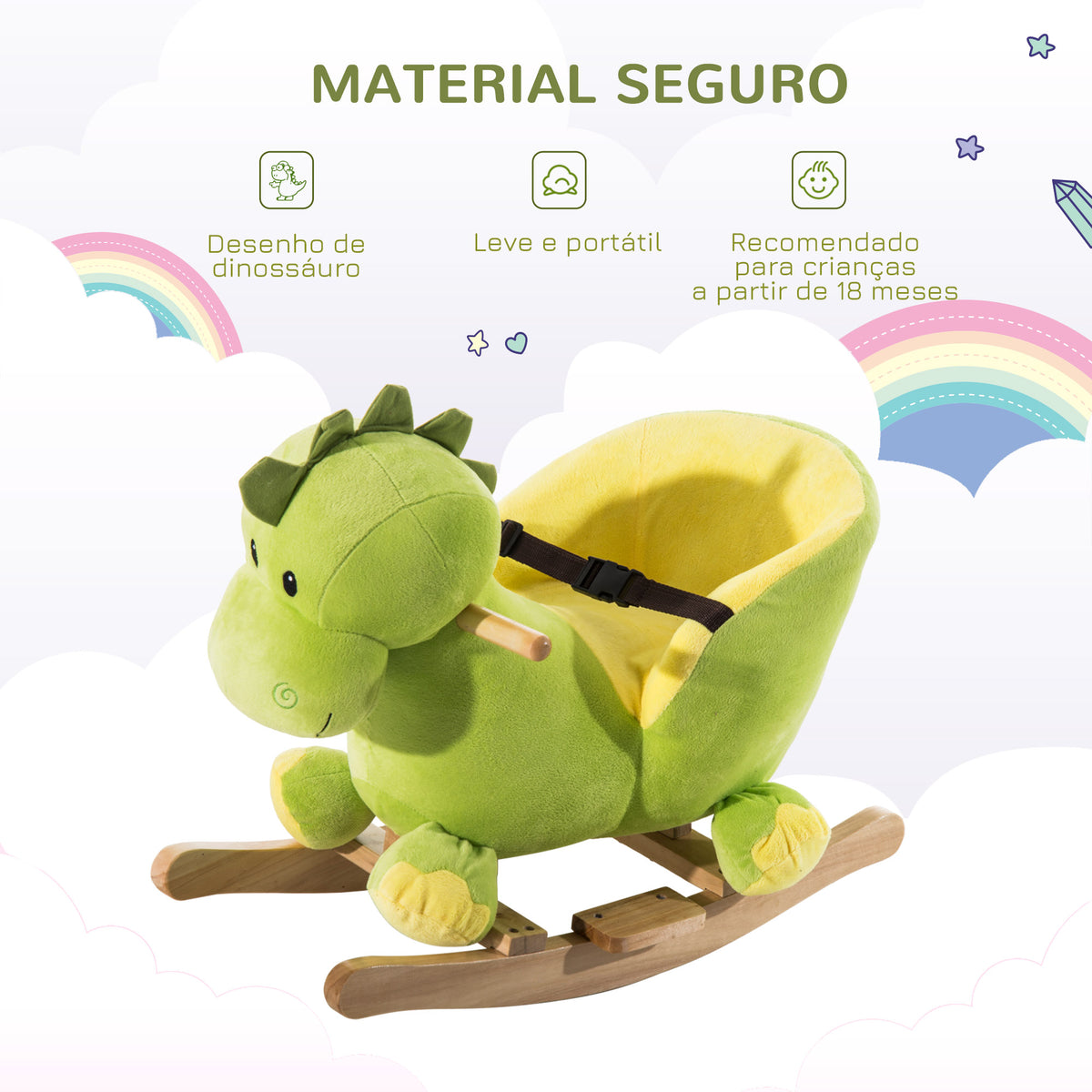 Cavalo de Baloiço em Forma de Dinossauro de Pélucia para Bebés 18-36 Meses com Sons Cinto de Segurança Guiador e Apoio para os Pés 60x33x45cm Verde — foto 5
