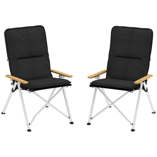 2 Cadeiras de Campismo Dobráveis de Alumínio Cadeiras de Jardim Portáteis com Encosto Alto Ajustável Apoios de Braços de Madeira e Bolsa de Transporte para Exterior 59x67x96 cm Preto — foto 1