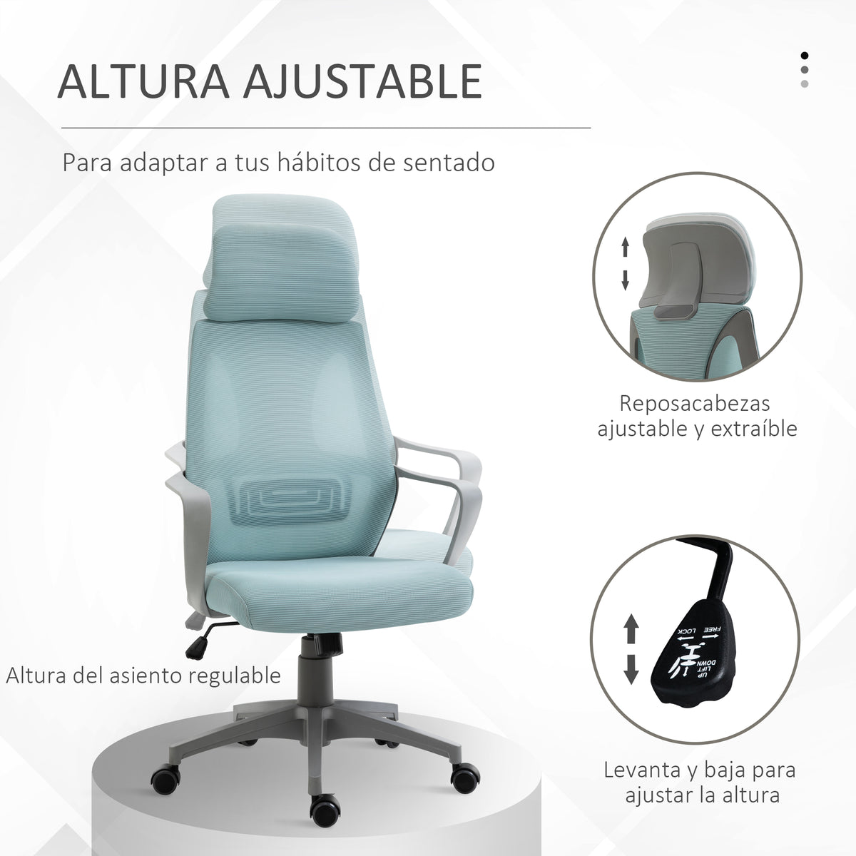 Cadeira de escritório ergonômica Cadeira de mesa inclinável ajustável em altura com encosto de braço Encosto de cabeça 5 rodas Suporta até 120 kg 64x58x116-126 cm Azul — foto 4