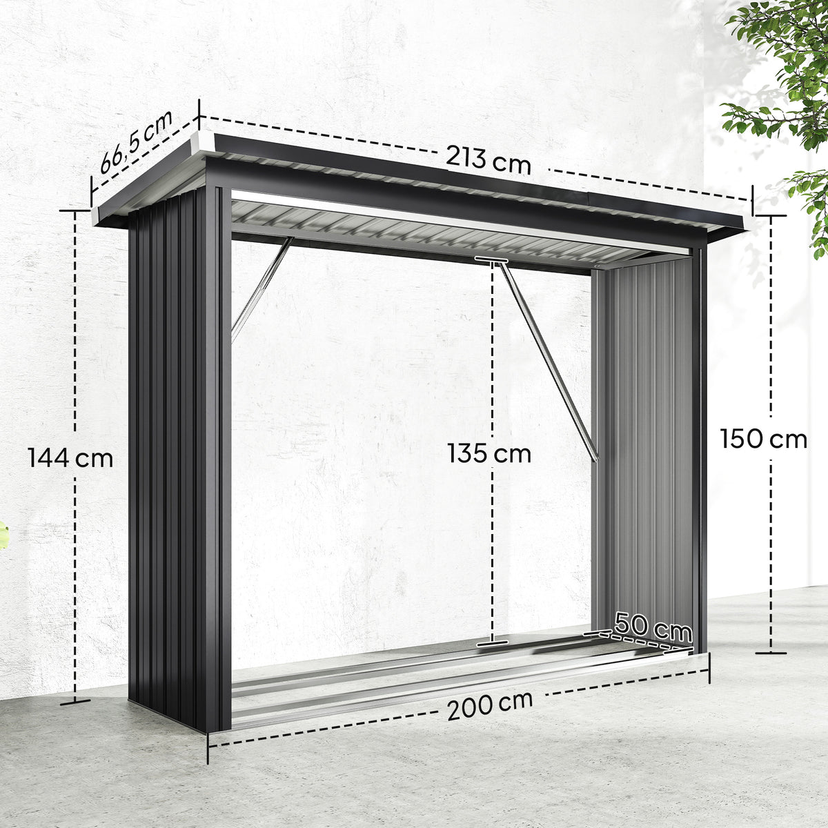 Abrigo para Lenha de Aço Galvanizado Abrigo para Lenha de Exterior Armazenamento de Troncos com Base Elevada e Teto Inclinado 213x66,5x150 cm Cinzento Escuro — foto 3