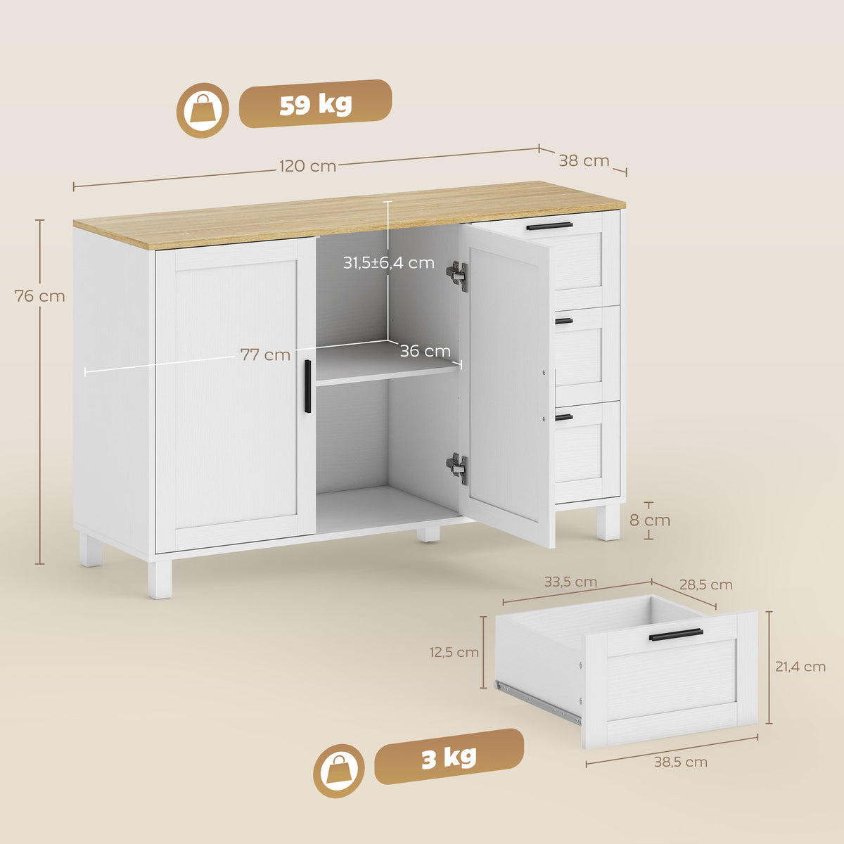 Aparador com 2 Portas Moderno para Sala de Estar com 3 Gavetas Prateleira Ajustável e Pernas de Madeira para Sala de Jantar Entrada, Quarto 120x38x76 cm Branco — foto 3