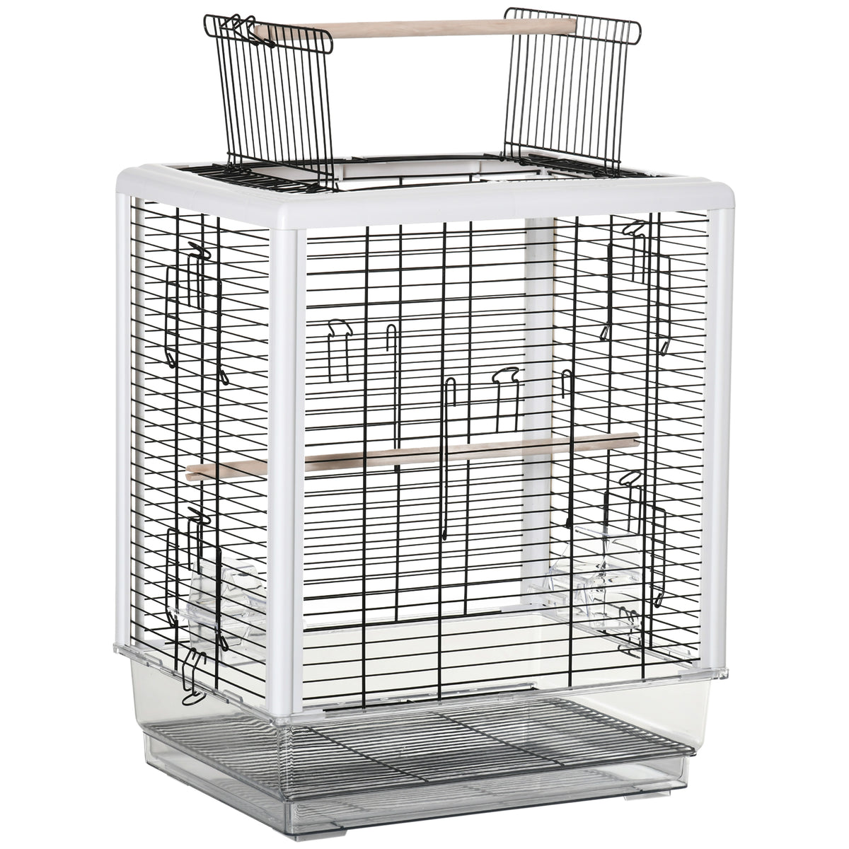 Gaiola para Passáros Gaiola com Teto com Abertura 2 Comedouros 2 Poleiros Bandeja Removível Acrílica e Alça de Transporte para Periquitos Canario 47x35x57,5cm Branco e Preto — foto 1