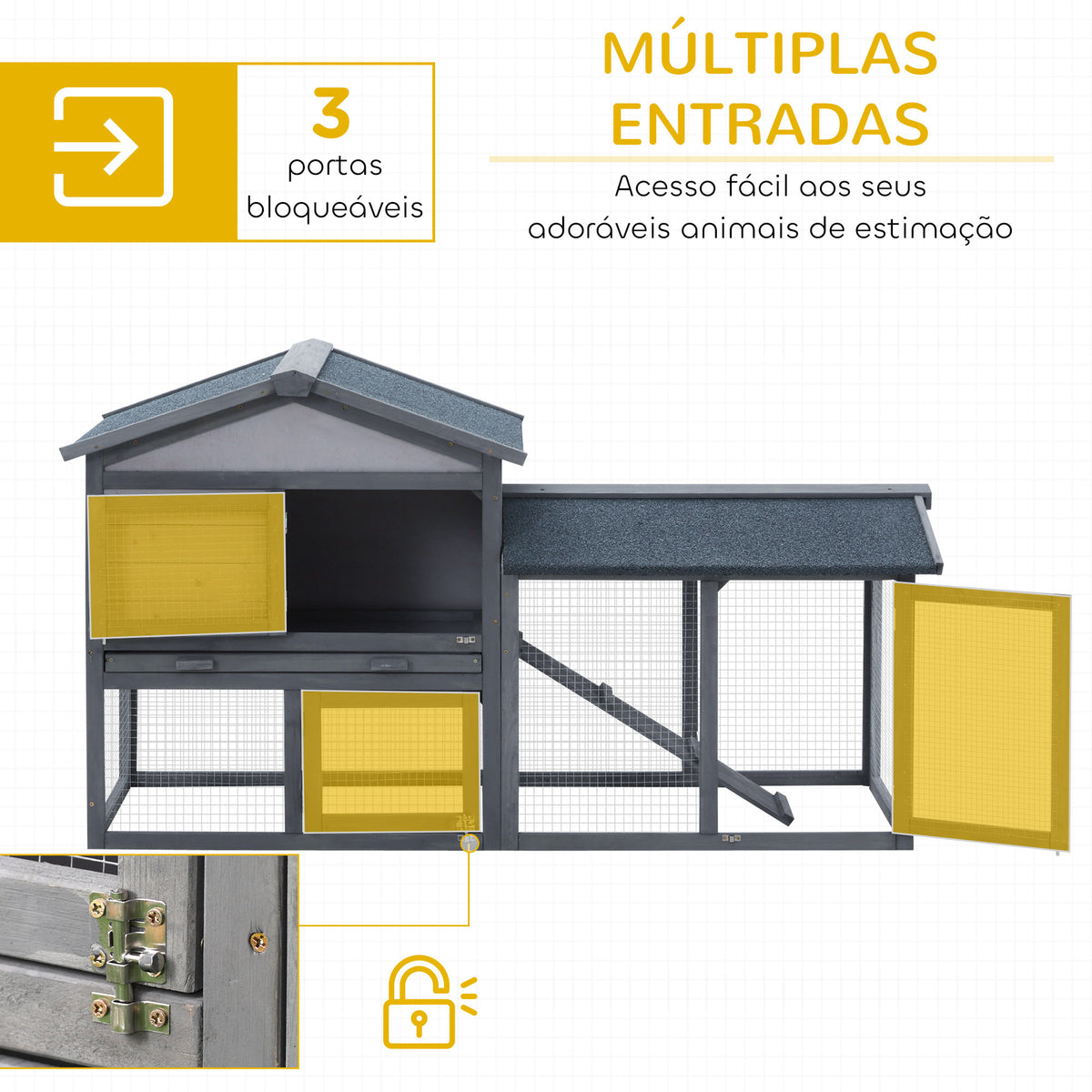 Casa para Coelhos de Madeira Coelheira para Exterior com Bandeja Removível 147x54x84cm Cinza — foto 4