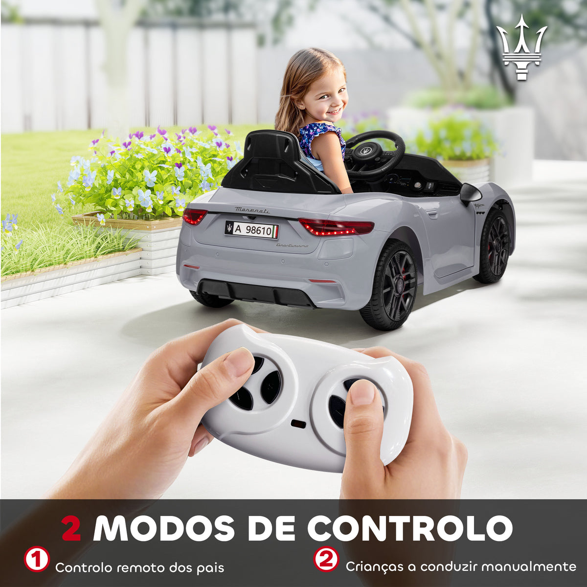 Carro Elétrico para Crianças acima de 3 Anos Carro Maserati Gran Turismo Folgore Carro Elétrico com Bateria 12V Controlo Remoto Faróis Buzina e Música MP3 98x59x43 cm Cinza — foto 5