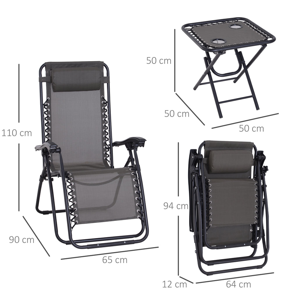 Conjunto de 1 Mesa e 2 Espreguiçadeiras Conjunto de Exterior Dobrável e Portátil para Jardim Praia Relaxante com Encosto Reclinável Textilene Aço Cinza — foto 3