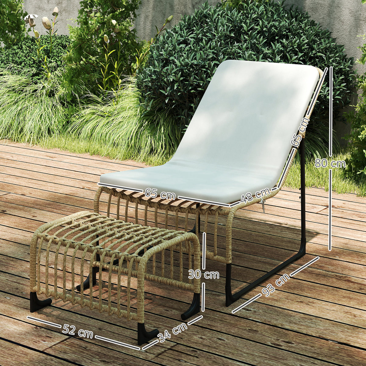 Conjunto de Poltrona de Jardim com Apoio para os Pés de Vime Sintético Poltrona para Exterior com Almofada Acolchoada e Estrutura de Aço 65x93x80 cm Madeira e Bege — foto 3