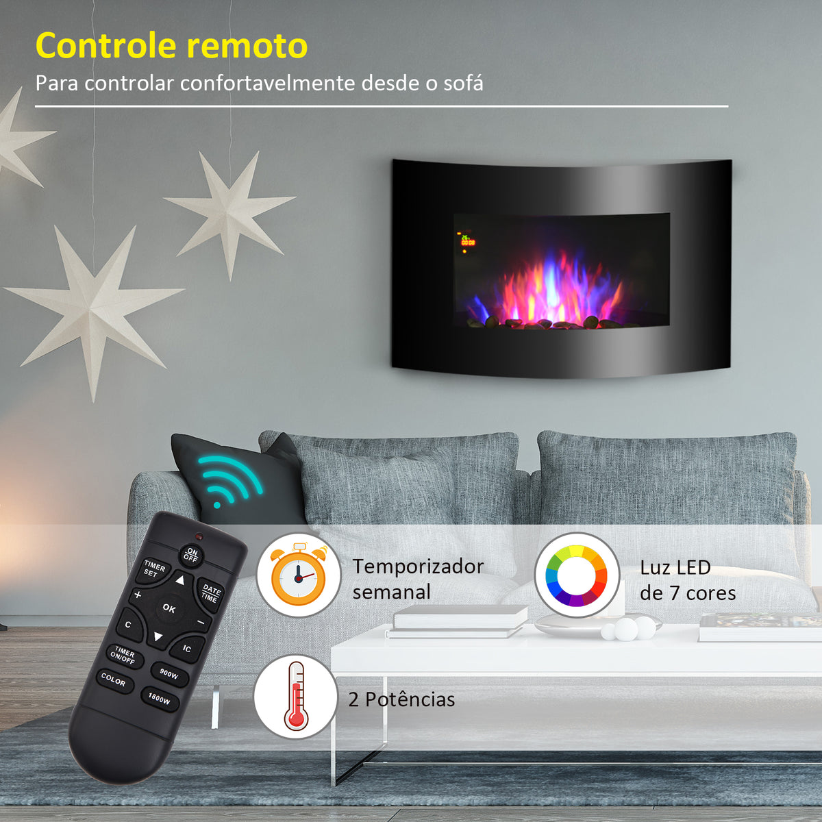 Lareira Elétrica de Parede Lareira Elétrica com Potência 900/1800W Controlo Remoto Efeito de Chama Realista em 7 Cores 65x11,4x52cm Preto — foto 4