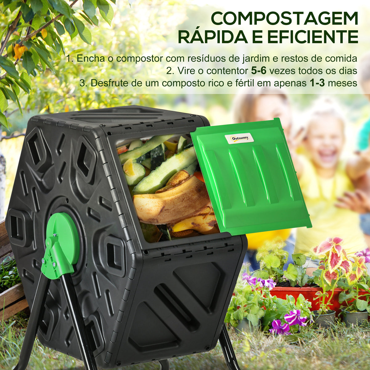 Compostor Giratório de 65L Recipiente de Compostagem de Jardim com Câmera Dupla Aberturas de Ventilação e Pés de Aço 60x49x77 cm Preto — foto 4