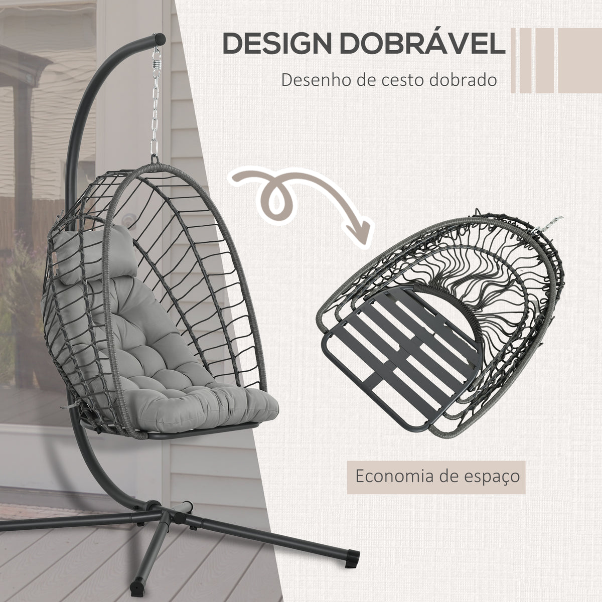 Cadeirão Suspenso de Vime Cadeira Suspensa Dobrável com 2 Almofadas e Estrutura de Aço Capacidade 100 kg para Uso Interior e Exterior 100x131x194 cm Cinza Escuro — foto 4