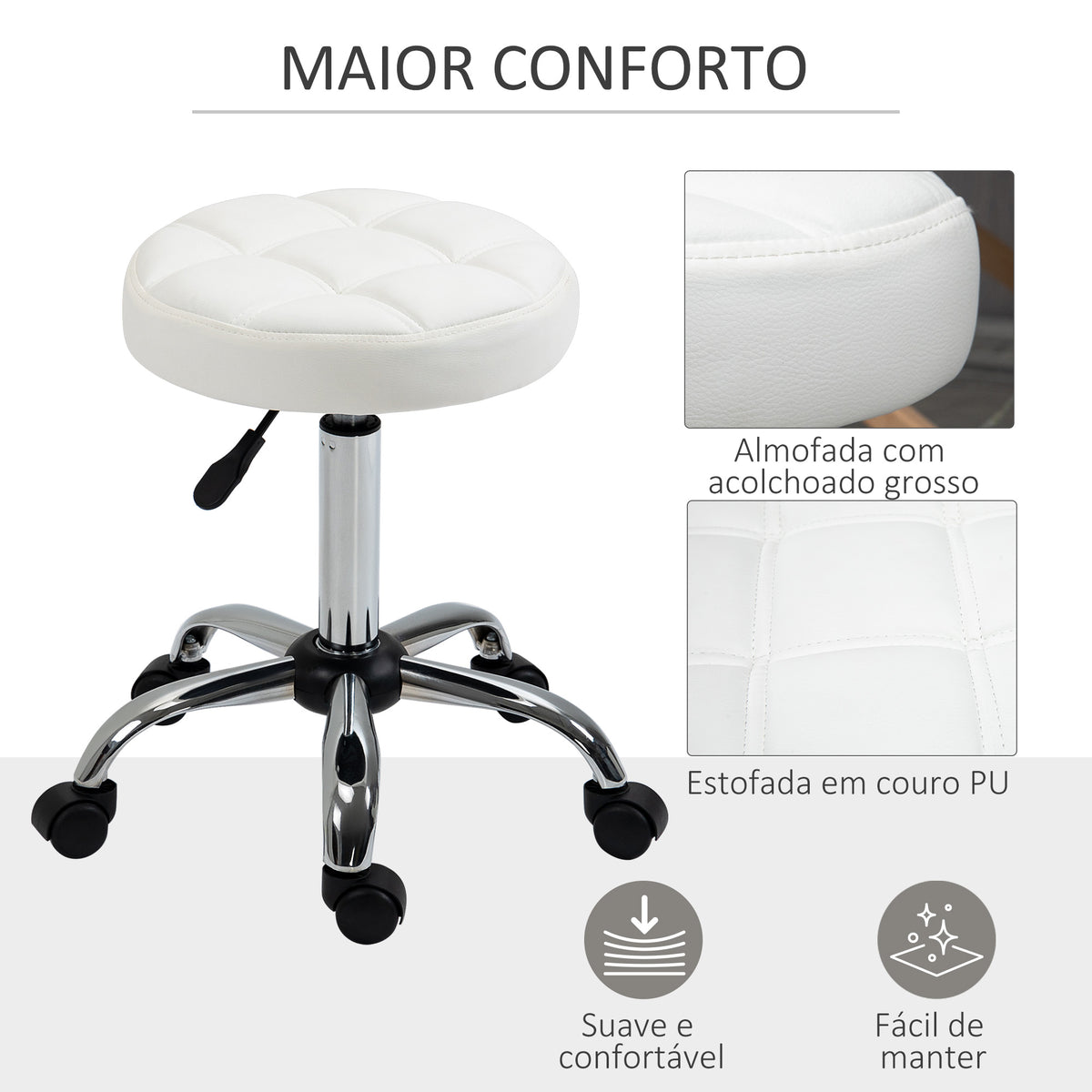 Banco Giratório com Rodas Altura Ajustável entre 48-63cm Banco de Trabalho Estofado em Couro PU para Salão Dentista Diâmetro Ø35,5cm Branco — foto 5