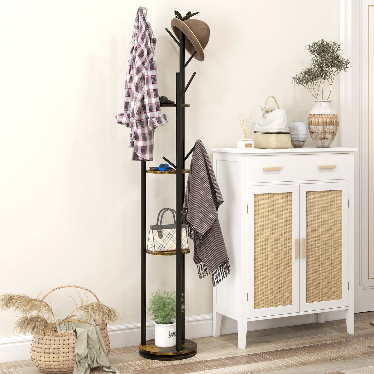 Cabide de Pé Giratório para Roupa Redondo de 4 Níveis com 4 Prateleiras 8 Ganchos para Pendurar Roupas Cachecóis para Entrada Corredor Dormitório Ø30x175 cm Marrom Rústico — foto 2