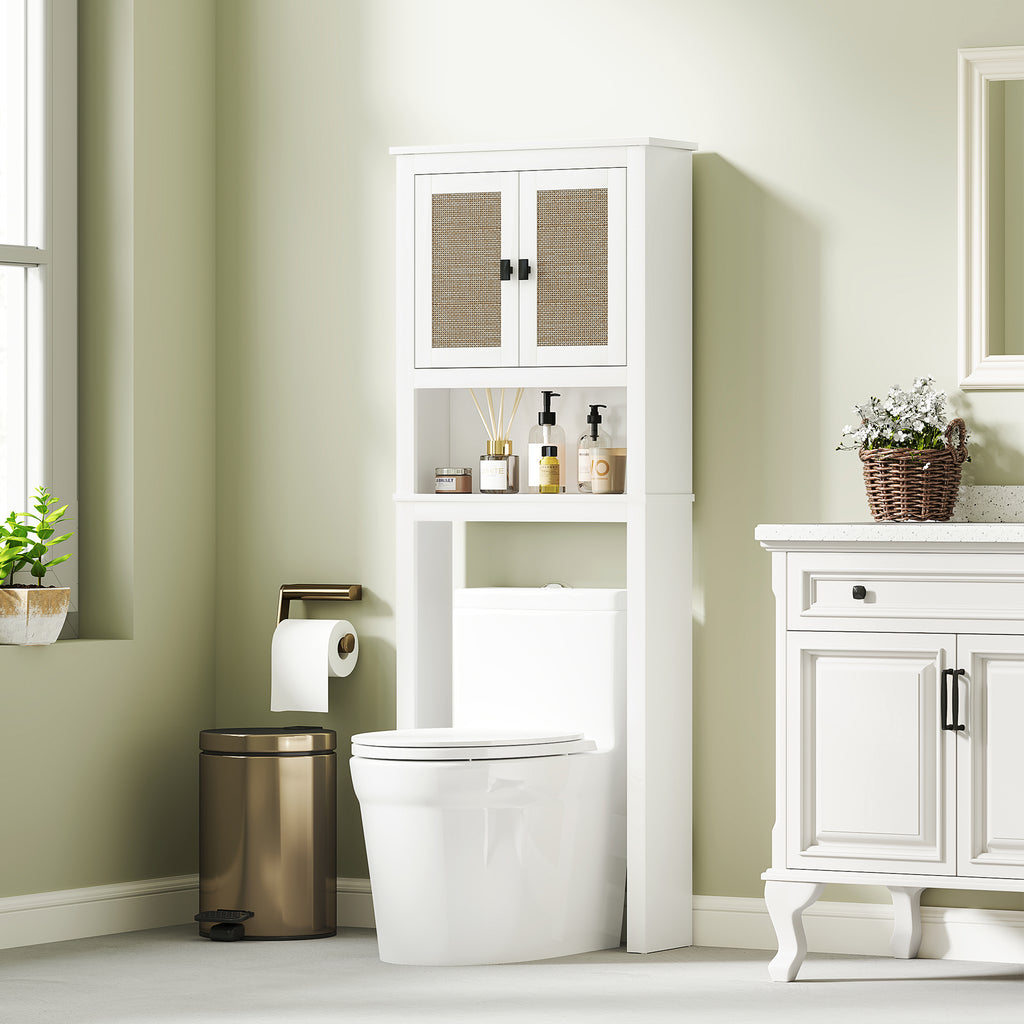 Móvel sobre Sanita Armário sobre Sanita com 2 Portas com Frente em Vime Compartimento e Prateleira Ajustável Móvel Casa de Banho 60x19,5x160 cm Branco — foto 2