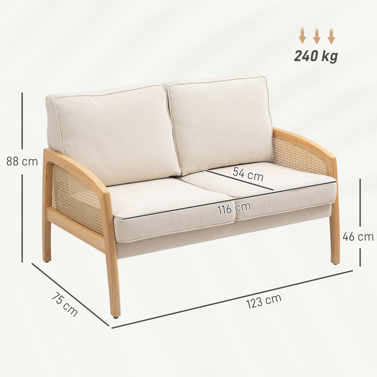 Sofá de 2 Lugares Estofado em Chenille Sofá Sala de Estar com 2 Almofadas Laváveis e Apoio para os Braços em Vime Sintético Sofá Pequeno Carga 240 kg 123x75x88 cm Bege — foto 3