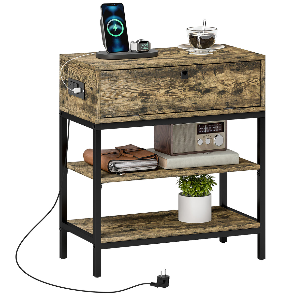 Mesa Auxiliar com Estação de Carga Mesinha Auxiliar Industrial com Gaveta e Prateleiras Abertas Mesa Auxiliar para Sala de Estar Dormitório 60x30x66,5 cm Castanho Rústico — foto 1