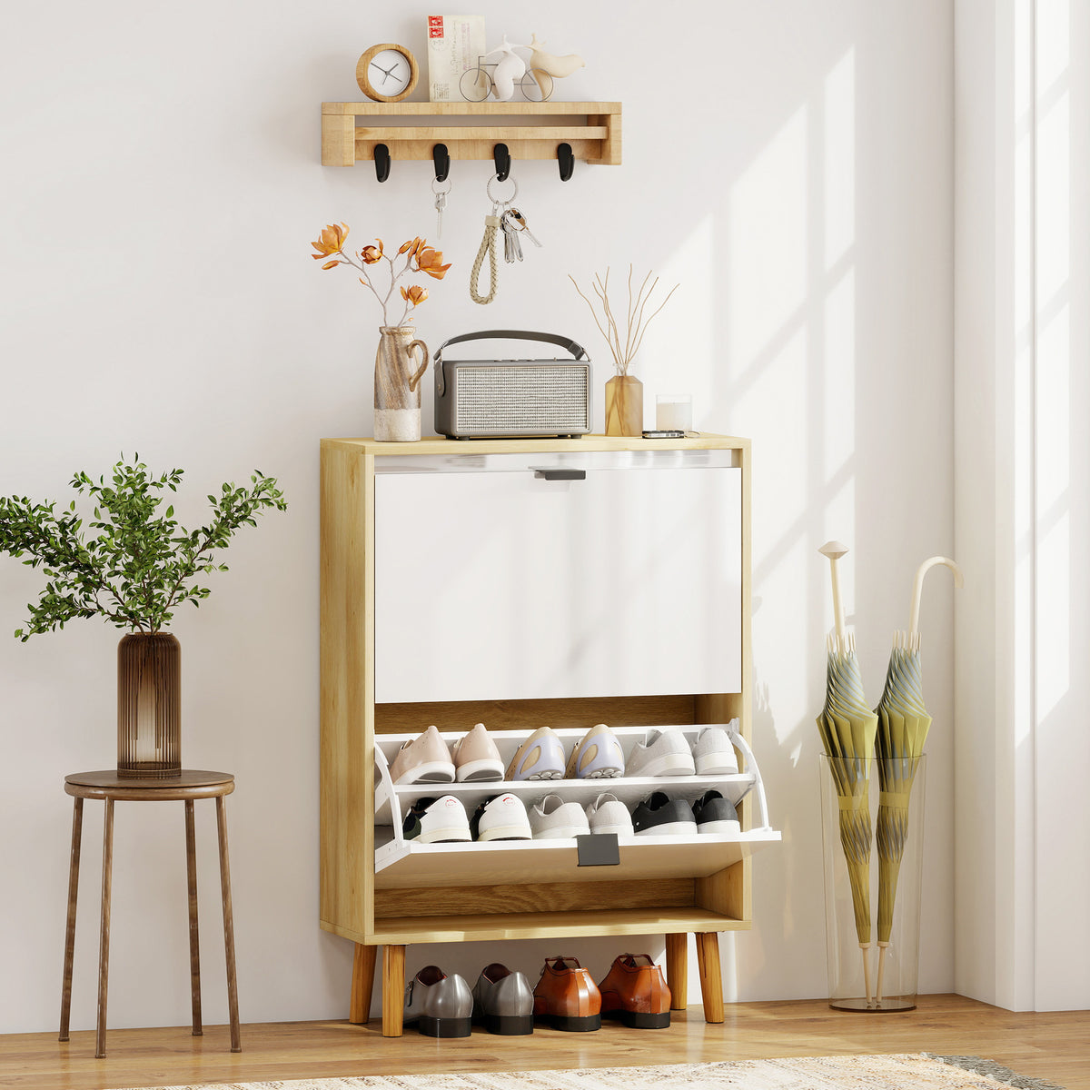 Sapateira Estreita com 2 Portas em Branco Brilhante Estantes Ajustáveis e Pés de Madeira para 12 Pares de Sapatos 60x24x91 cm Branco — foto 2