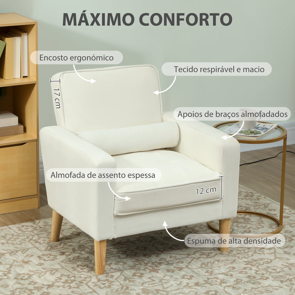 Poltrona Sala de Estar Poltrona Estofada em Veludo Poltrona de Leitura com Assento com Botões e Pés de Madeira para Quarto 76x79x82 cm Creme — foto 5