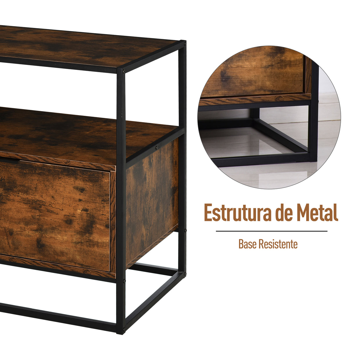 Mesa de console estilo industrial com gaveta grande e prateleira aberta Superfície espaçosa estrutura de metal 73x 45,5x 76cm Rústico Castanho — foto 6