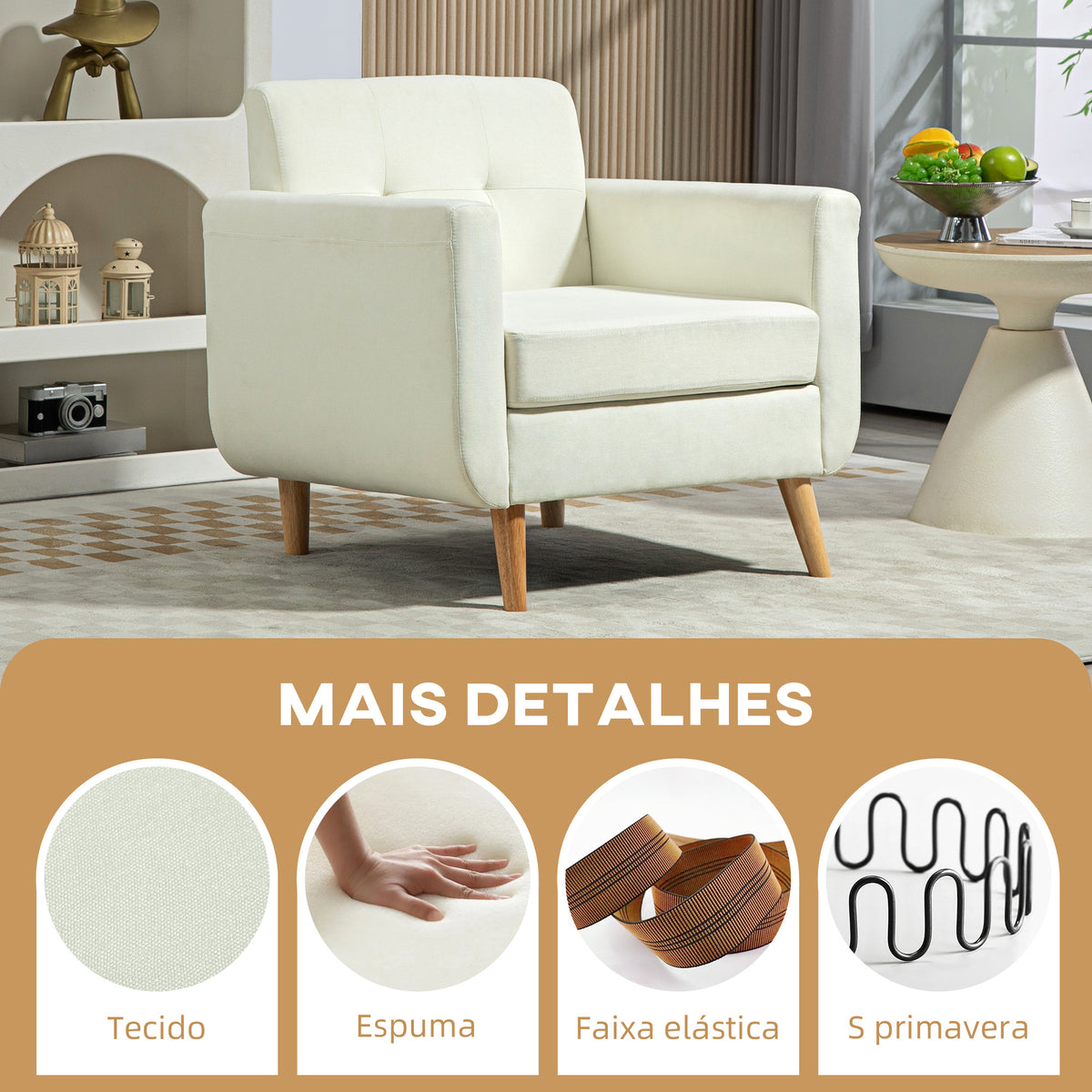 Poltrona Sala de Estar Moderna Poltrona Dormitório com Apoio para os Braços e Pés de Madeira Sofá Individual para Escritório Carga 125 kg 78x70x75 cm Creme — foto 4