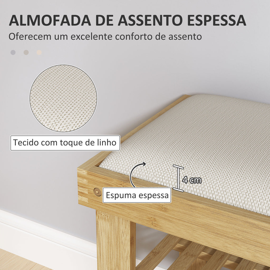 Banco Sapateira de Bambu Sapateira com Assento Almofadado 2 Prateleiras para 6 Pares de Sapatos para Entrada Dormitório 60x29x49 cm Madeira e Creme — foto 4
