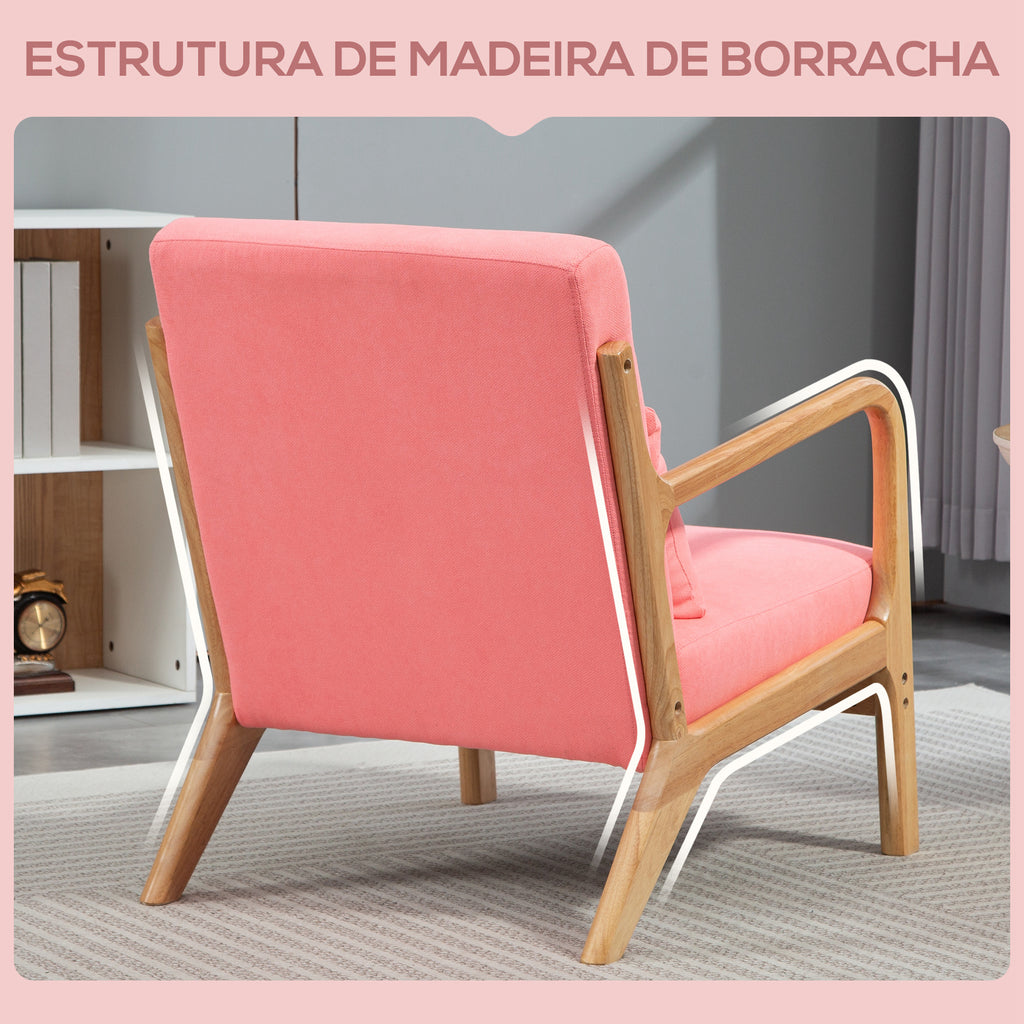 Poltrona Sala de Estar Nórdica Poltrona Individual Acolchoada com Apoio para os Braços e Estrutura de Madeira de Borracha para Dormitório Carga 120 kg 61x78x76 cm Rosa — foto 5