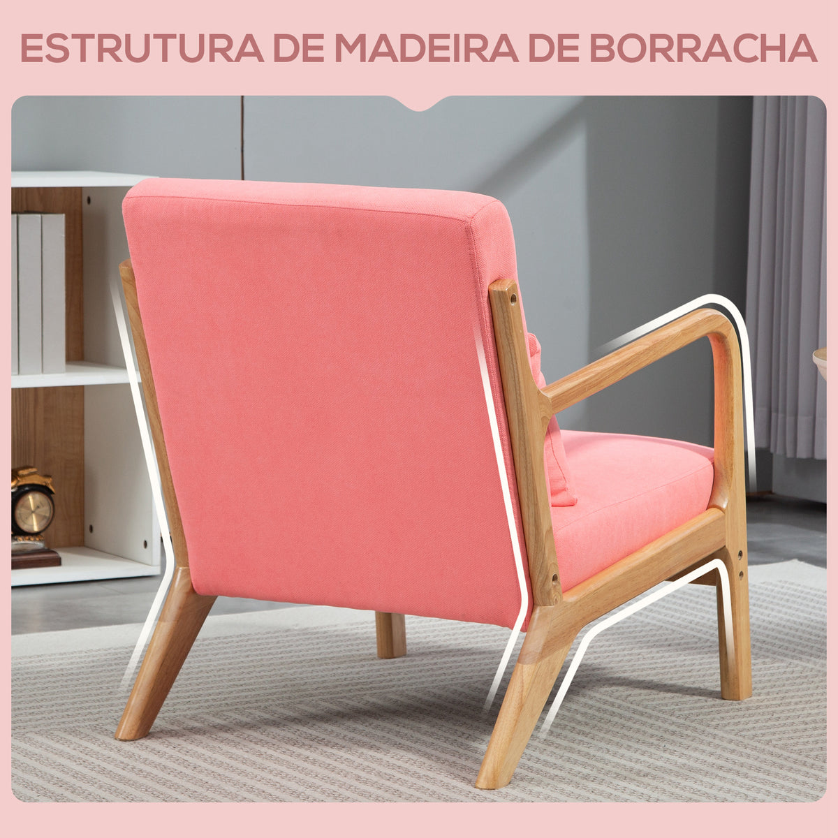 Poltrona Sala de Estar Nórdica Poltrona Individual Acolchoada com Apoio para os Braços e Estrutura de Madeira de Borracha para Dormitório Carga 120 kg 61x78x76 cm Rosa — foto 5