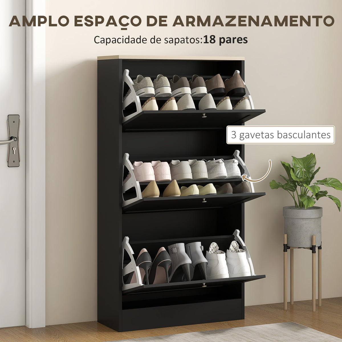 Móvel Sapateira de Entrada Armário Sapateira Moderno com 3 Gavetas Basculantes e Prateleiras Ajustáveis para 18 Pares de Sapatos para Corredor Entrada 60x23,5x115 cm Preto — foto 4