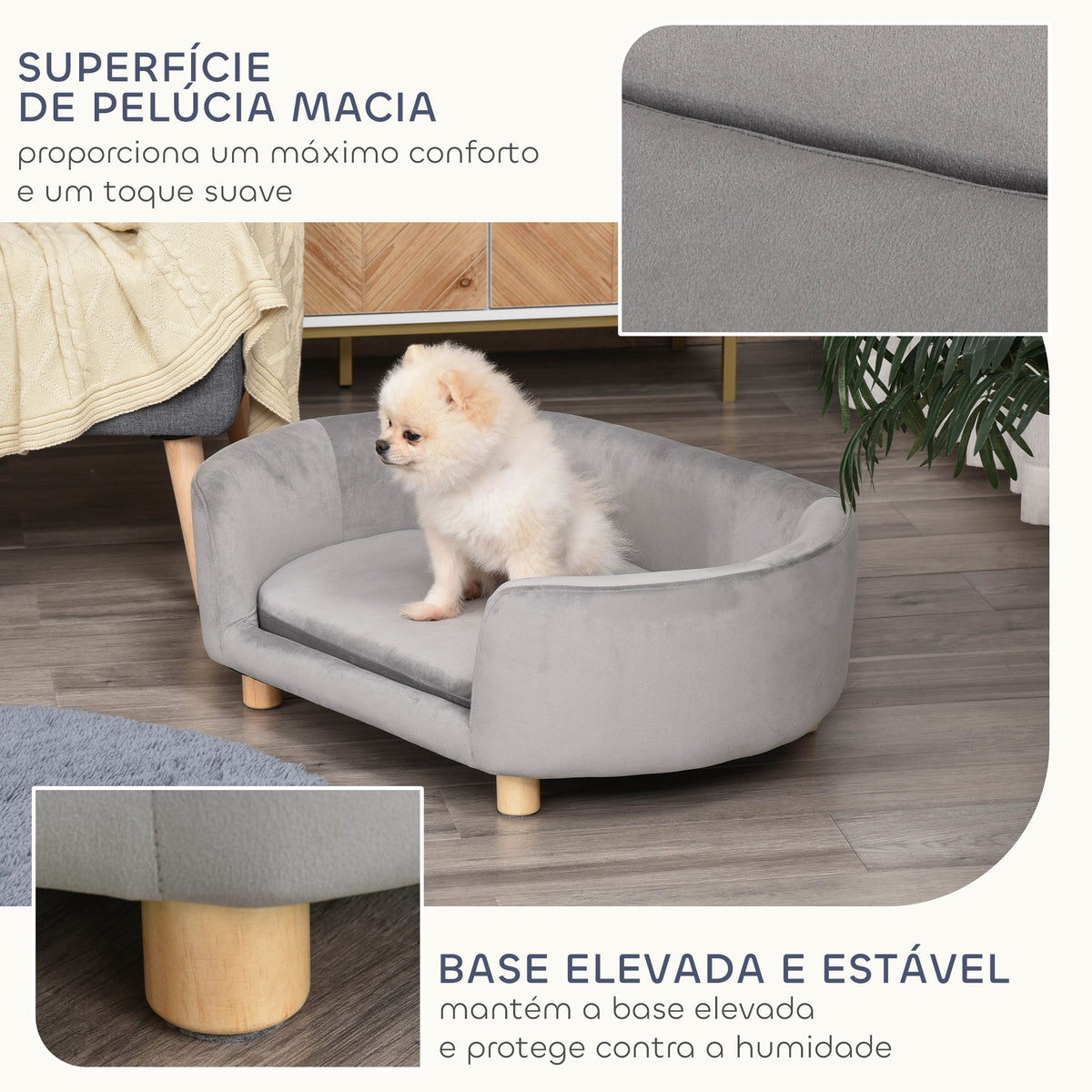 Sofá para Cães Pequenos Cama Elevada para Cães com Pés de Madeira Almofada Removível e Capa Lavável Carga 10 kg 86x55x33 cm Cinzento Claro — foto 6