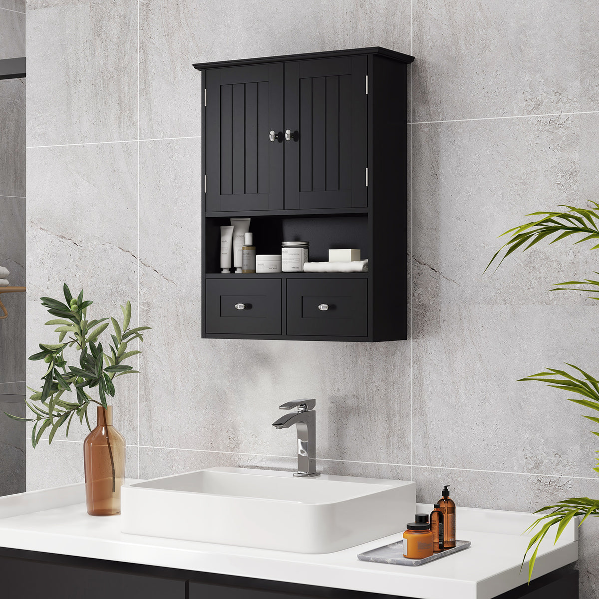 Armário de Parede para Casa de Banho Armário Suspenso de Casa de Banho com 2 Portas Prateleira Aberta e 2 Gavetas Estilo Moderno 50,8x17,8x66 cm Preto — foto 2