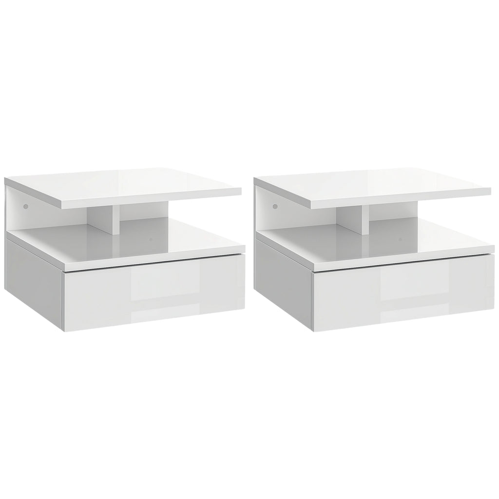 Conjunto de 2 Mesas de Cabeceira Flutuantes, Mesas de Cabeceira com Gaveta e Prateleira Aberta, Design Moderno, Ideal para Quarto e Sala de Estar, 35x32x22,5 cm, Branco Brilhante — foto 1