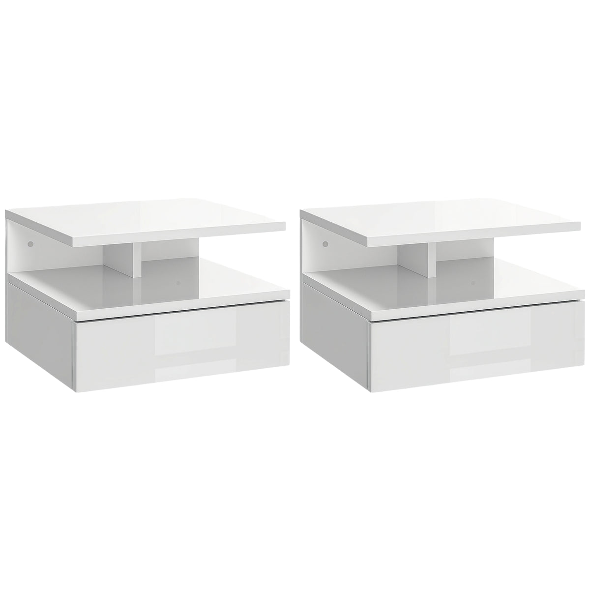 Conjunto de 2 Mesas de Cabeceira Flutuantes, Mesas de Cabeceira com Gaveta e Prateleira Aberta, Design Moderno, Ideal para Quarto e Sala de Estar, 35x32x22,5 cm, Branco Brilhante — foto 1
