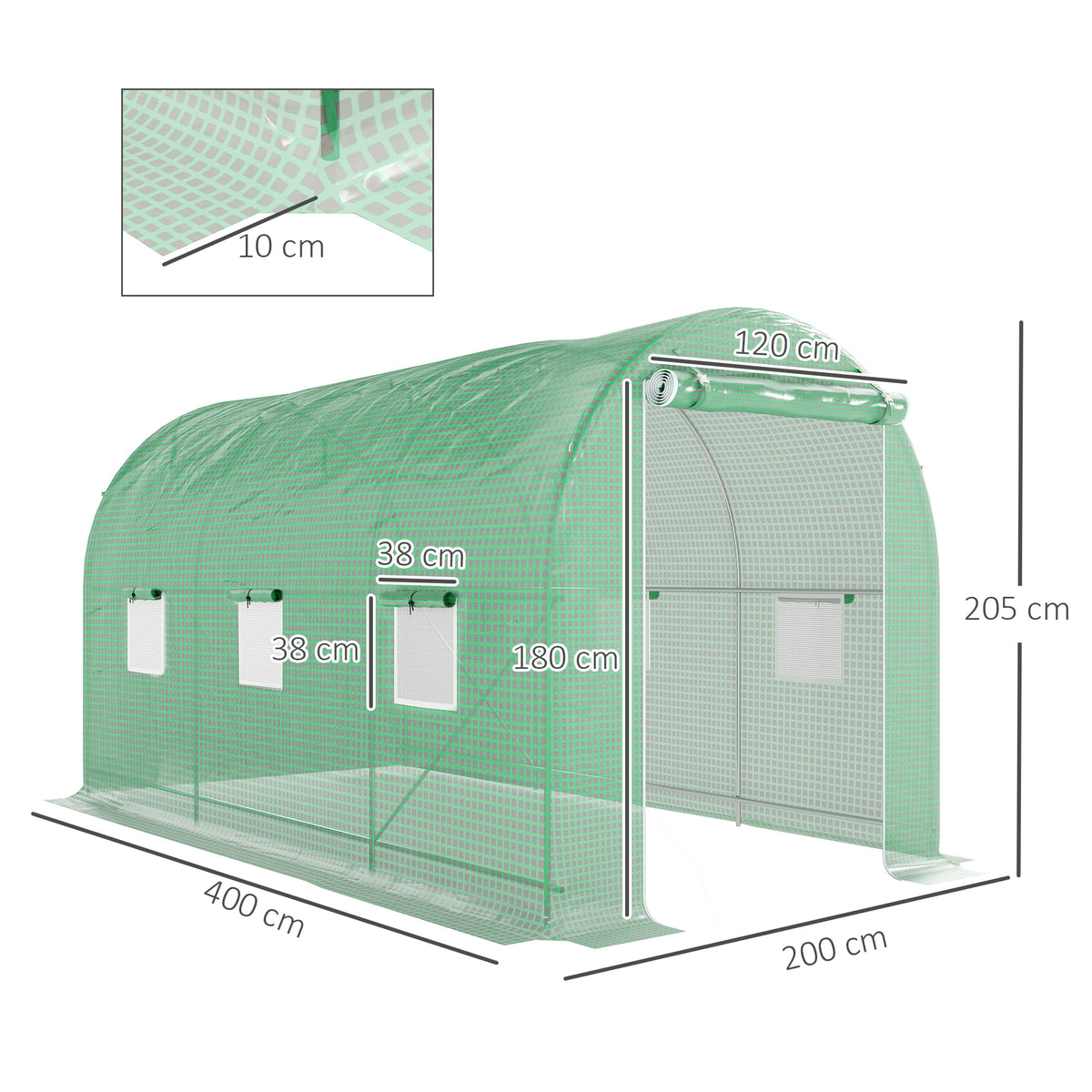 Estufa tipo Túnel 400x200x205 cm Estufa de Jardim com Porta Enrolável e 6 Janelas Cobertura de PE 140 g/m² Estrutura de Metal para Cultivo de Plantas Verduras Verde — foto 3
