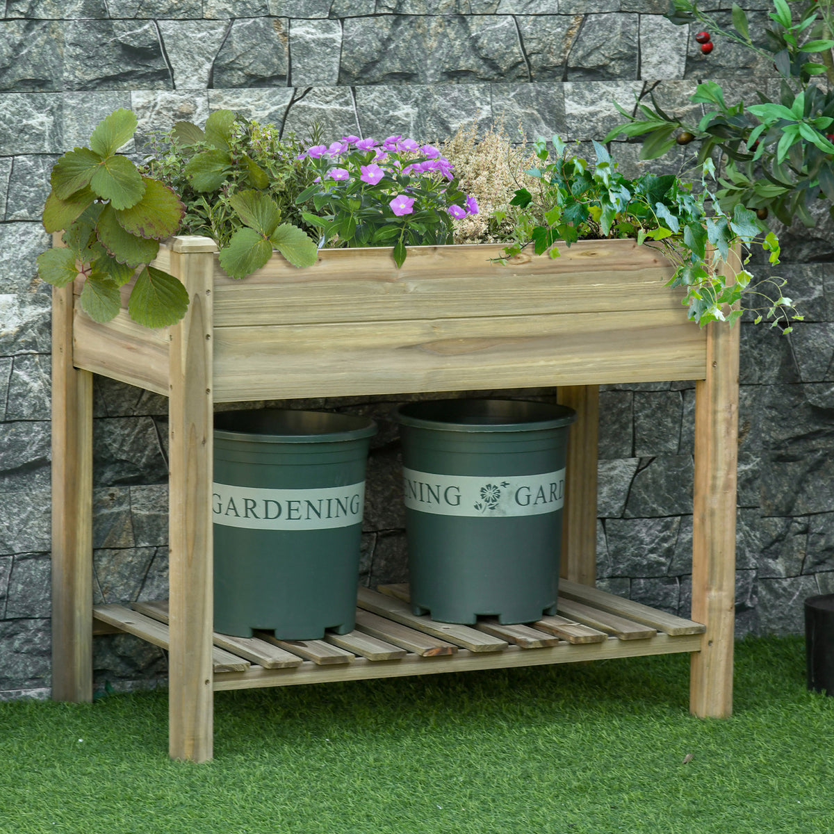 Horta Urbana de Madeira com Prateleira Mesa de Cultivo Retangular com Orifícios de Drenagem para Cultivos Plantas Jardim Terraço Exterior Carga 80 kg 91x51x76 cm Natural — foto 2