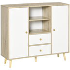 Aparador de Sala de Estar com 2 Portas 2 Gavetas e 2 Prateleiras Abertas Móvel Auxiliar de Armazenamento para Cozinha Entrada 100x30x85cm Branco e Natural — foto 1