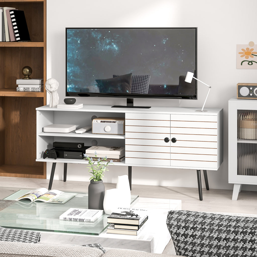 Móvel de TV para Televisores de até 65 Polegadas Móvel de TV para Sala com 2 Prateleiras Abertas 1 Armário com Portas e Orifícios para Cabos 145x38x65 cm Estilo Moderno Branco — foto 8