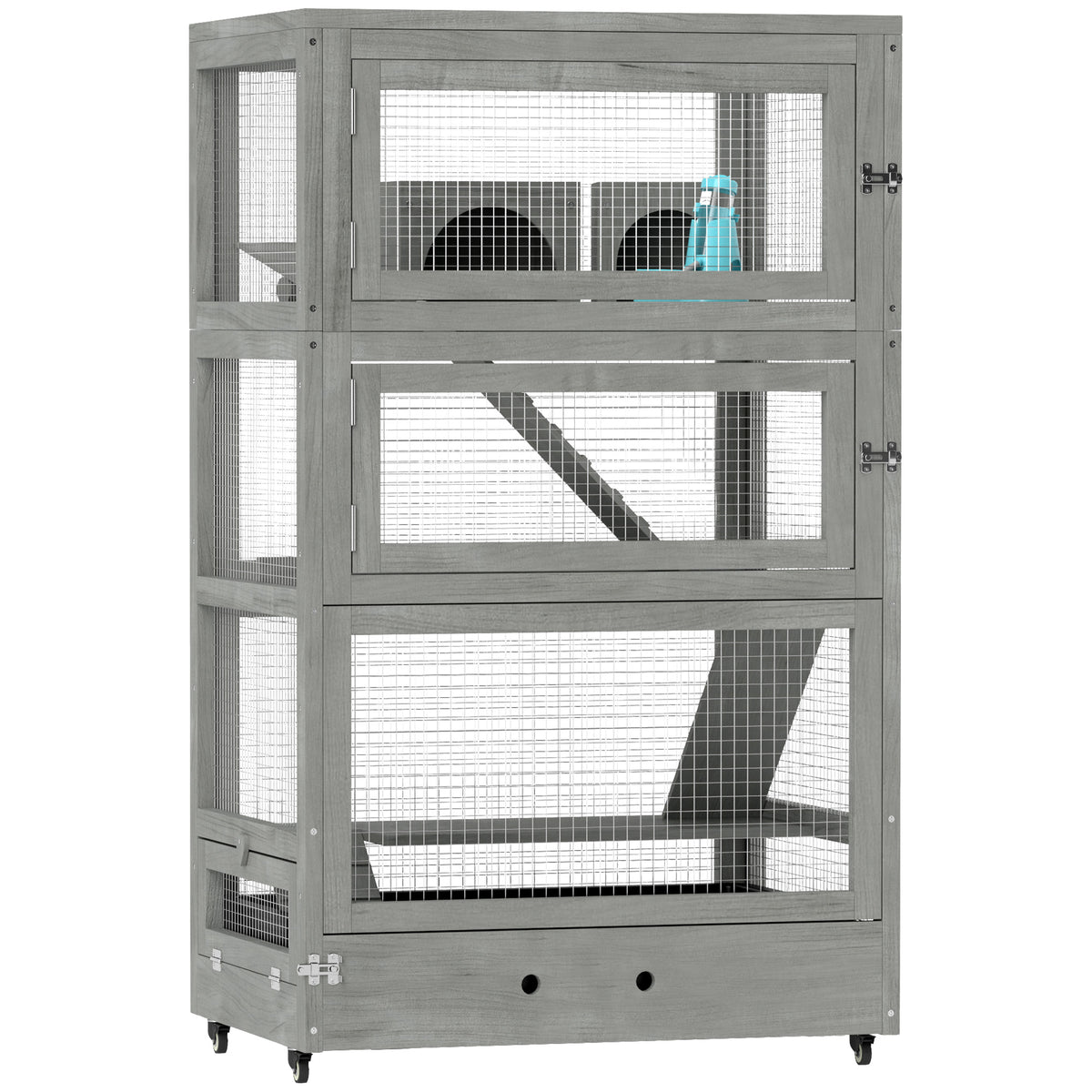 Gaiola de madeira para hamsters de 4 níveis, com casinhas, gangorra, comedouros, rampas, rodízios, 65 x 45 x 109 cm, Cinza — foto 1