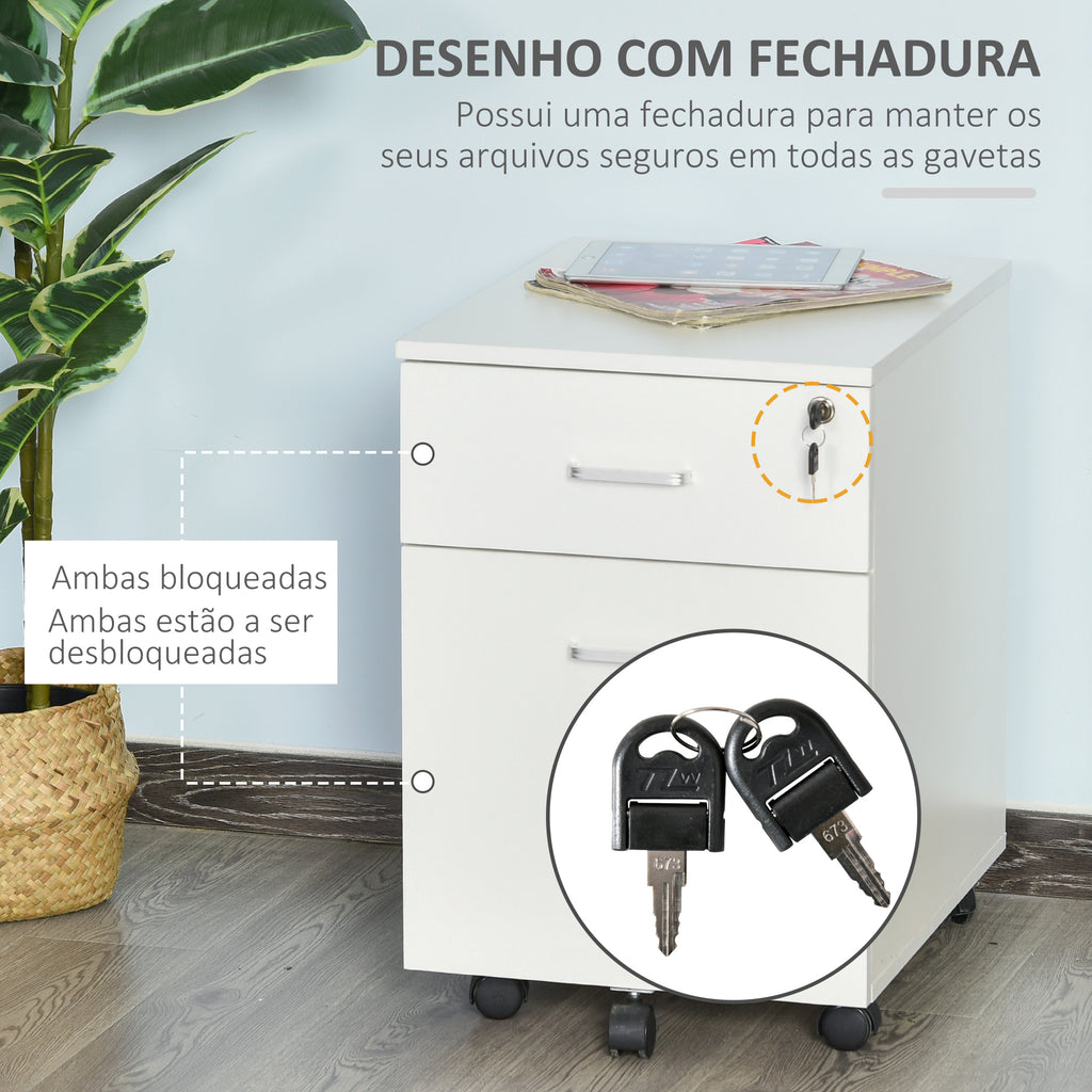 Bloco de Gavetas de Madeira Móvel para Arquivos para Escritório com 2 Gavetas 5 Rodas e 2 Travões para Escritório Secretaria Casa 40x49x58 cm Branco — foto 6