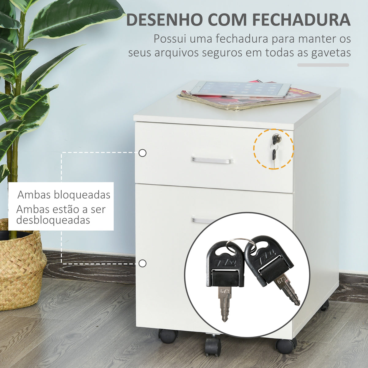 Bloco de Gavetas de Madeira Móvel para Arquivos para Escritório com 2 Gavetas 5 Rodas e 2 Travões para Escritório Secretaria Casa 40x49x58 cm Branco — foto 6