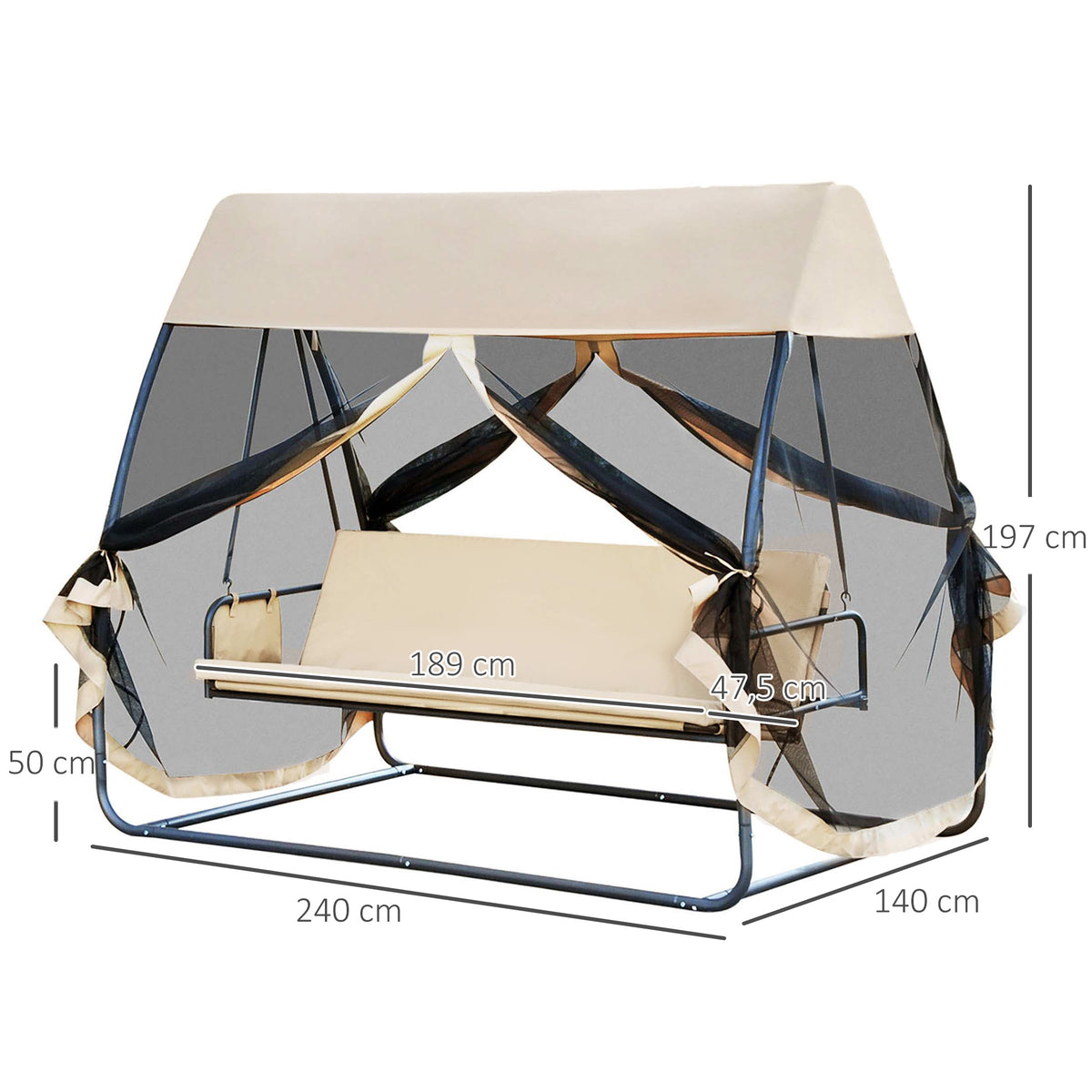 Baloiço de Jardim de 3 Lugares Convertível em Cama com Rede Mosquiteira para Terraço Balcão Exterior Carga Máxima 300kg 240x140x197cm Creme — foto 3