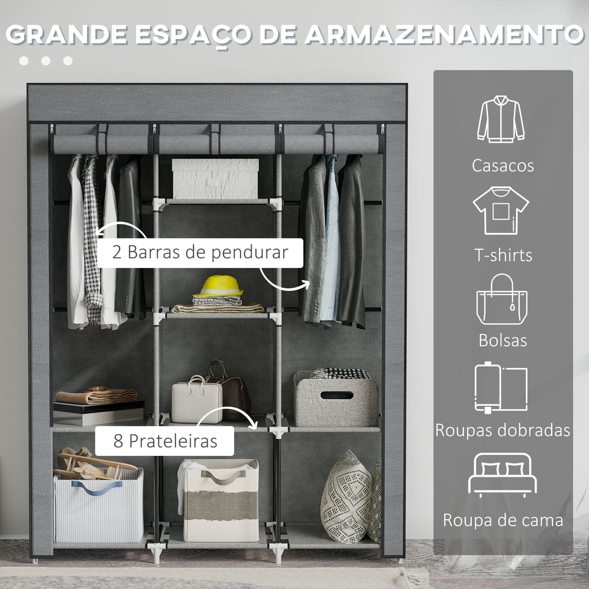 Roupeiro de Tecido Dobrável Armário Portátil com 8 Prateleiras de Armazenamento e 2 Barras de Pendurar Organizador de Roupa para Dormitório Vestidor 125x43x162,5 cm Cinzento — foto 4