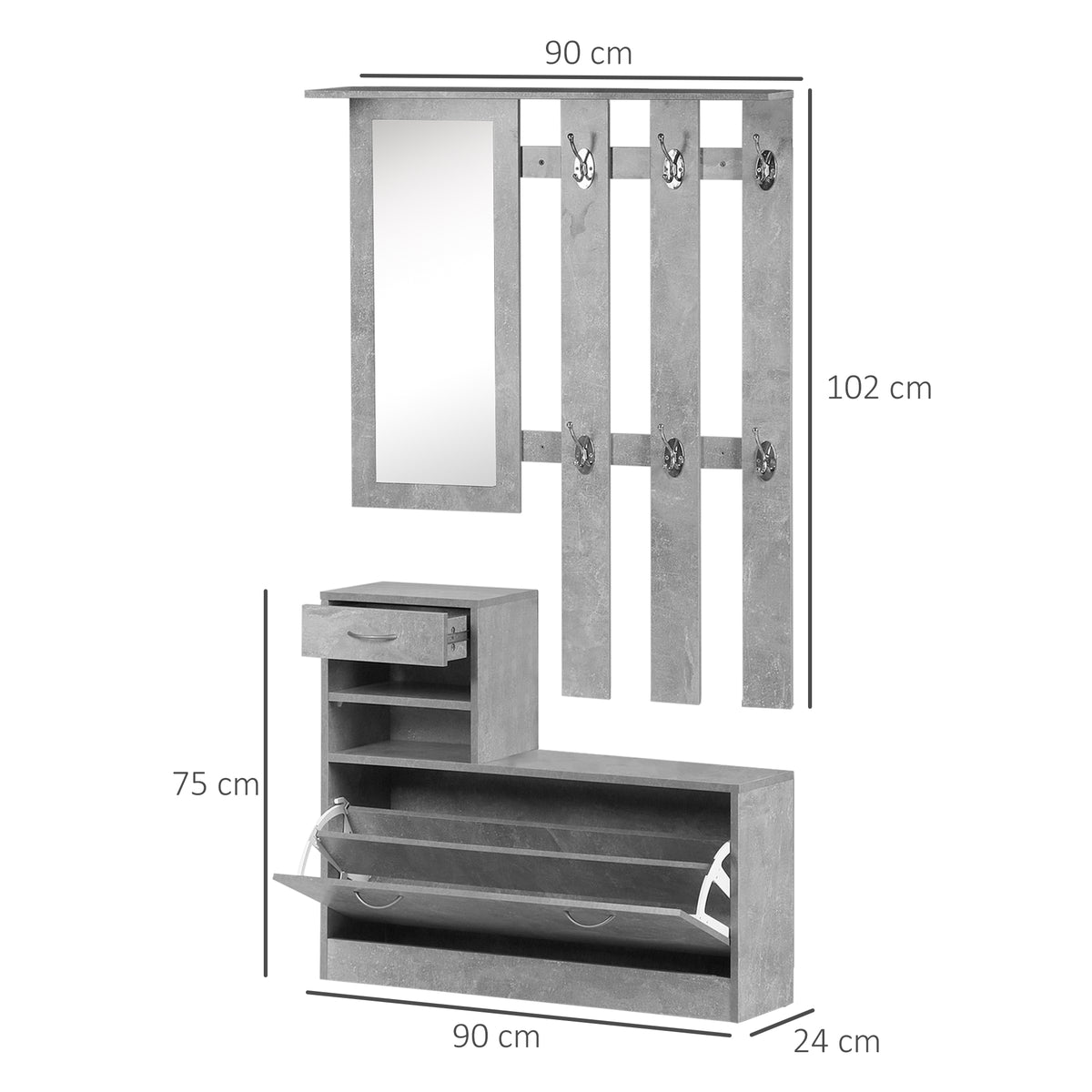 Móvel Cabide de Entrada de 3 Peças Armário de Entrada com Cabide Espelho Sapateira e Gaveta 90x10x102 cm Cinza — foto 3