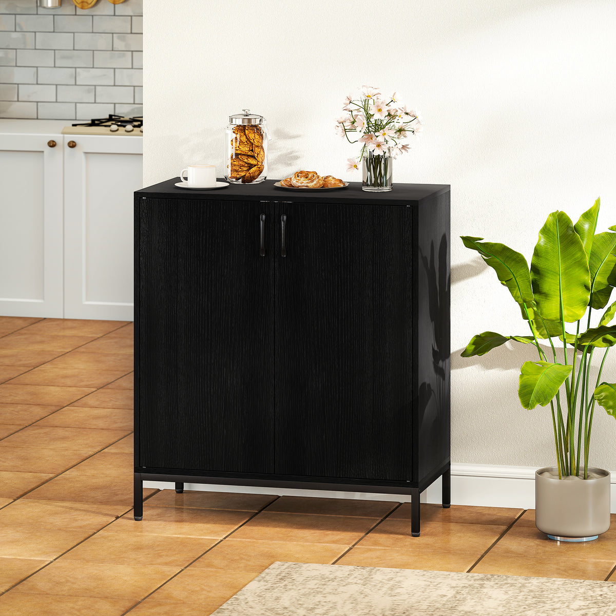 Aparador para Sala de Estar com 2 Portas Moderno Prateleira Ajustável e Base Elevada para Sala de Jantar Corredor Quarto, 80x40x90 cm Preto — foto 2