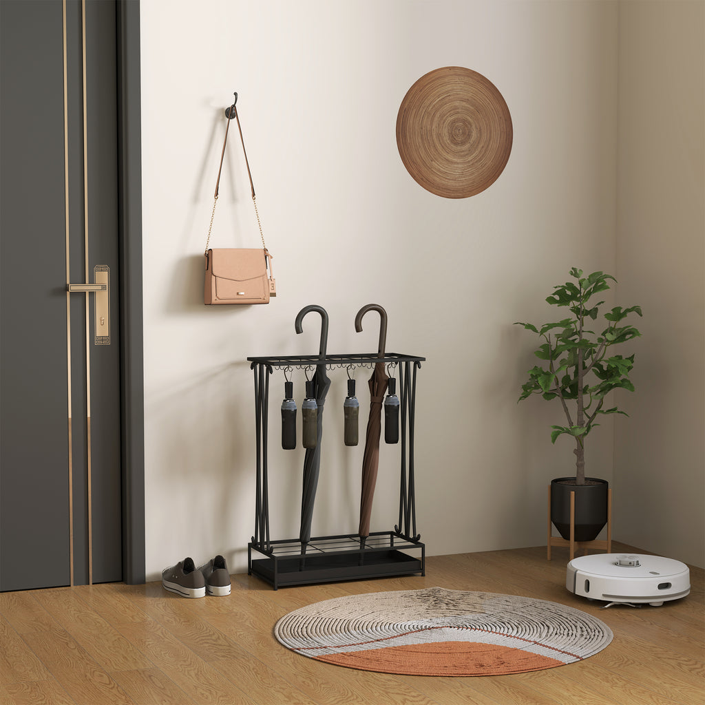 Suporte para Guarda-Chuva Moderno Retangular Suporte para Guarda Chuvas de Aço com 24 Ganchos 21 Espaços e Bandeja Recolhedora de Gotas Amovível para Entrada Escritório 50x24x68 cm Preto — foto 6