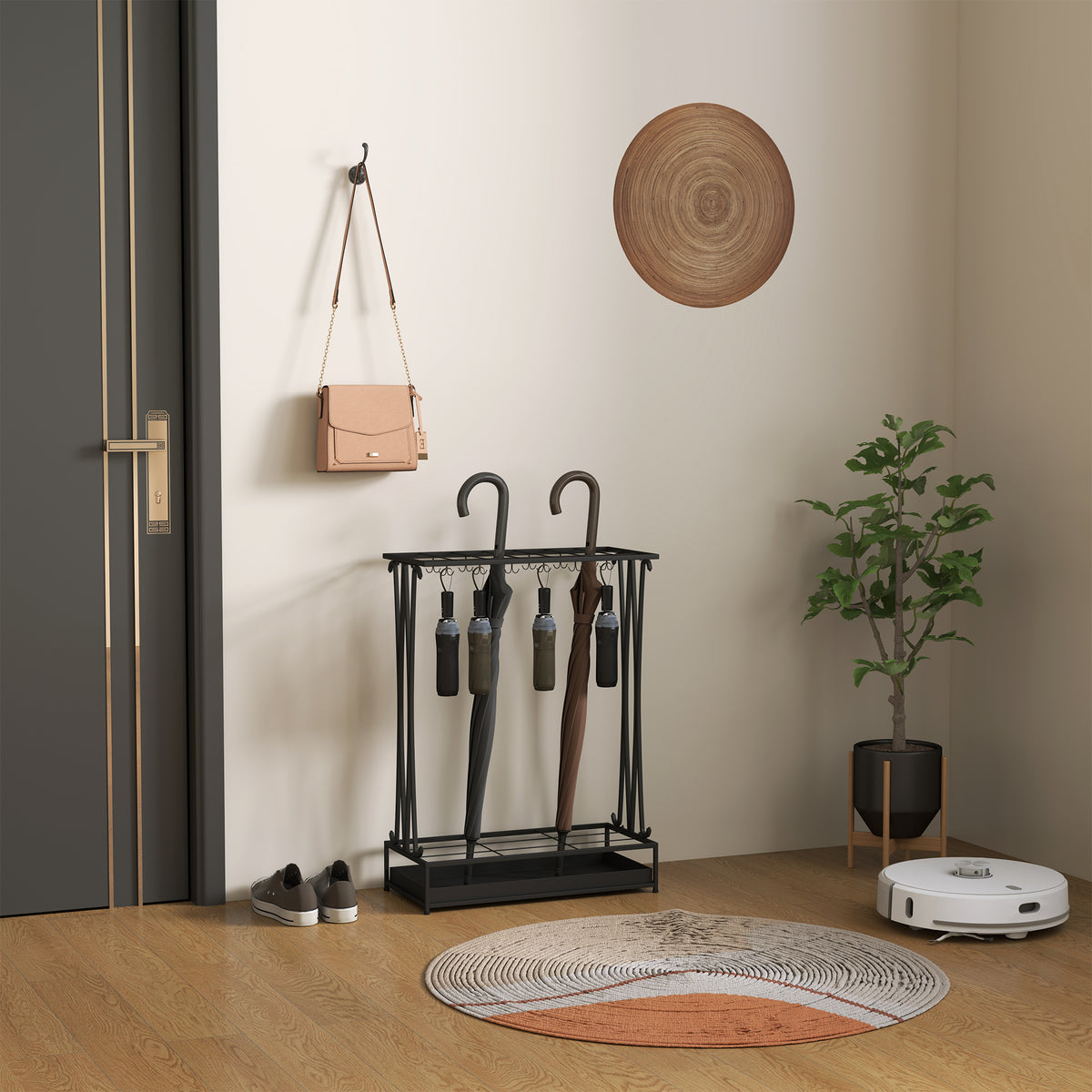Suporte para Guarda-Chuva Moderno Retangular Suporte para Guarda Chuvas de Aço com 24 Ganchos 21 Espaços e Bandeja Recolhedora de Gotas Amovível para Entrada Escritório 50x24x68 cm Preto — foto 6