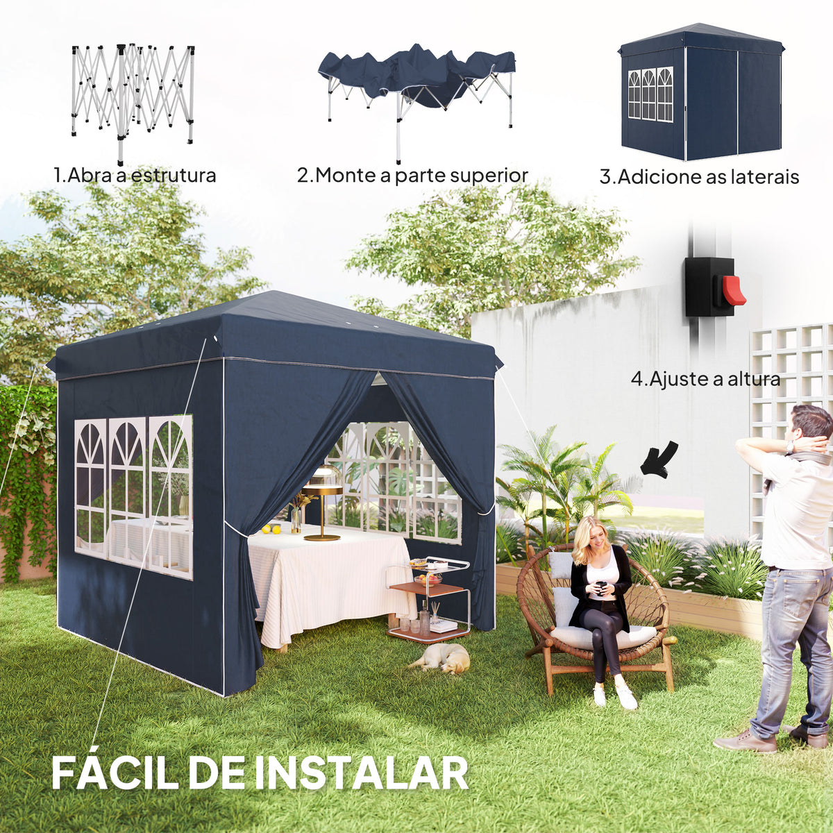 Tenda Dobrável Pop-Up Tenda 248x248x270 cm com 4 Paredes Laterais Anti-UV Altura Ajustável e Bolsa de Transporte para Campismo Festas Azul Escuro — foto 4