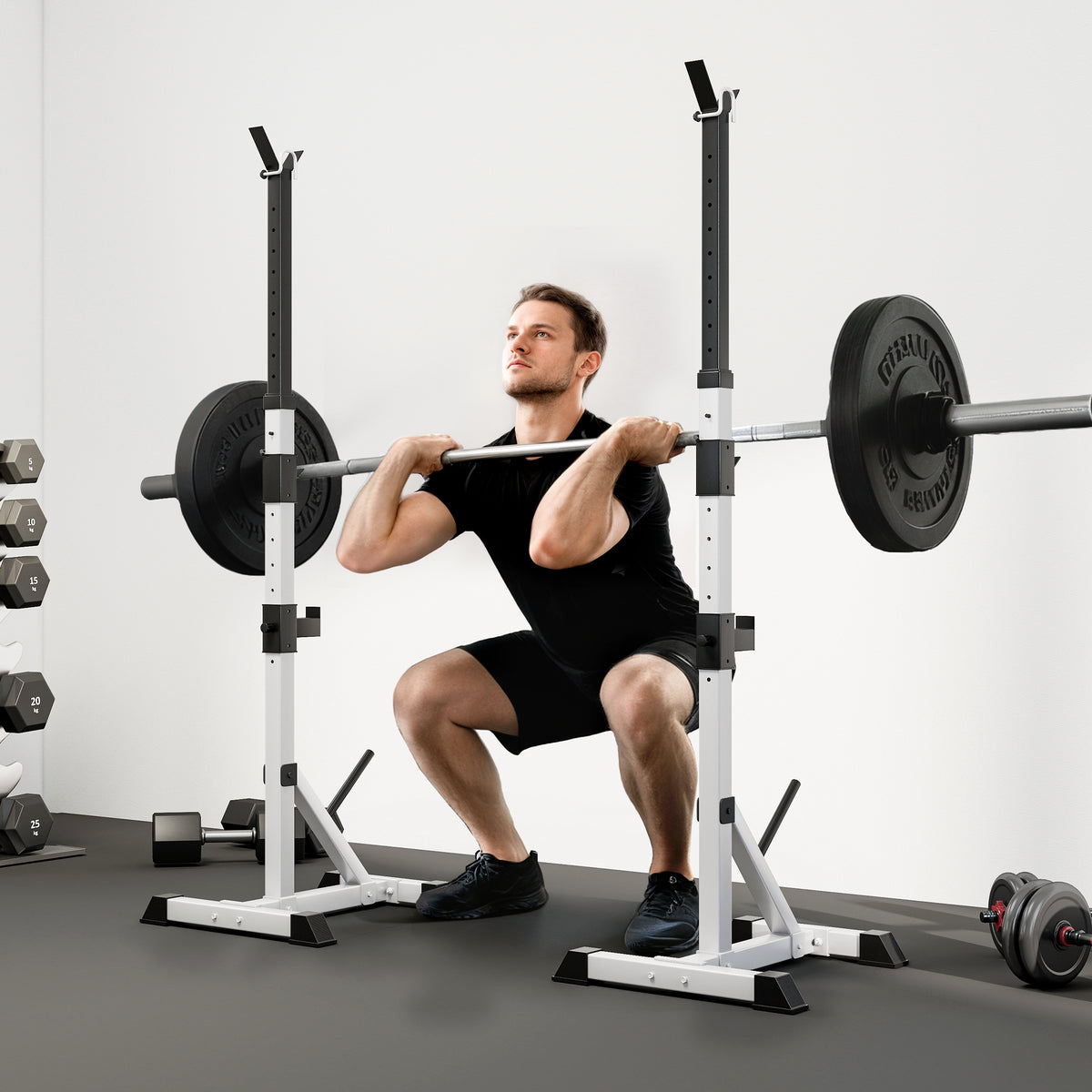 Suporte para Barras de Pesos Ajustável Estante Multifuncional 2 Peças de Aço Treinamento em Casa Peso 200 kg 58,5x75,5x136-176 cm Prata e Preto — foto 2