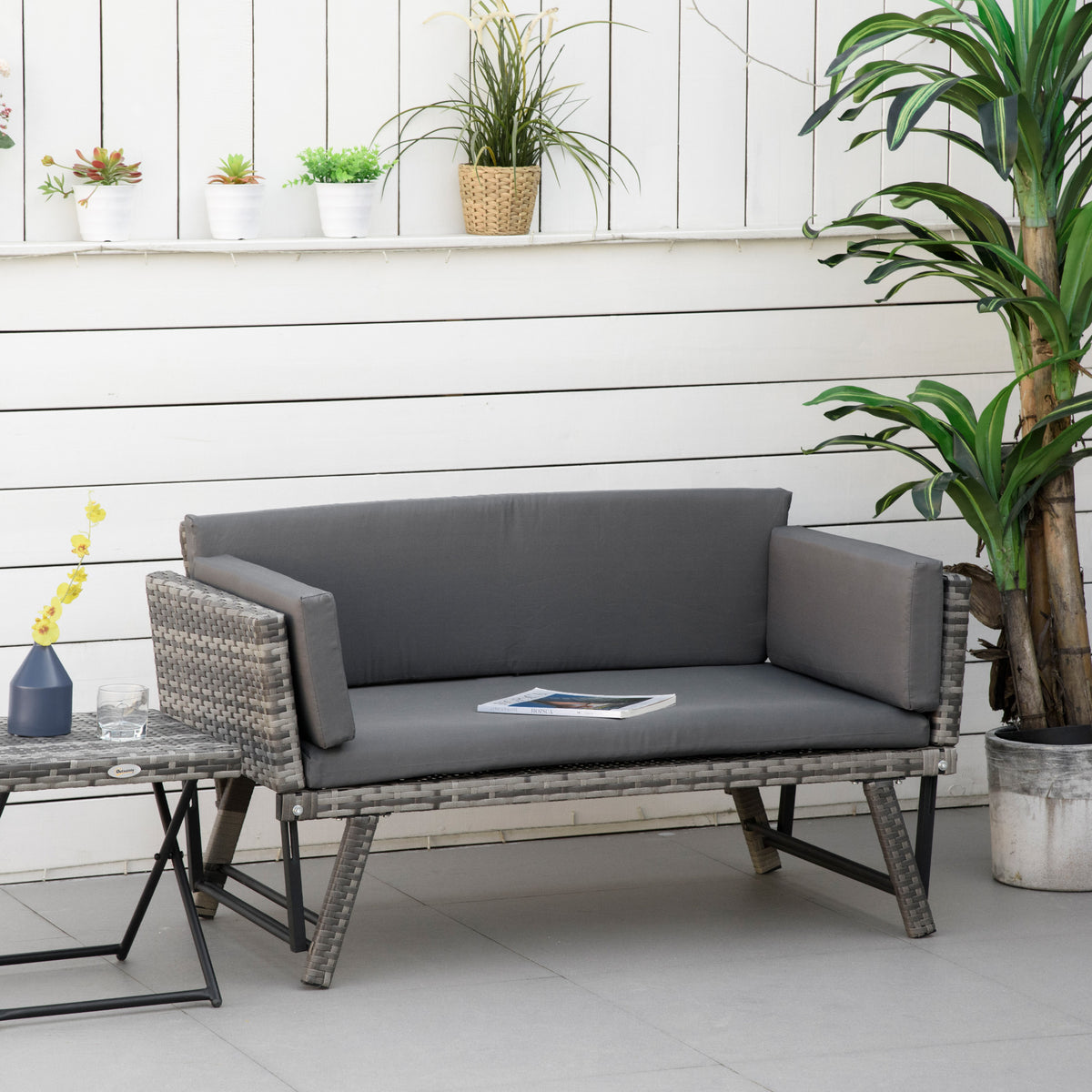 Sofá de 2 Lugares Vime Sintético Convertível em Cama Sofá de Jardim Exterior com Almofada Mobiliário Pátio Terraço 129x66x67cm Cinza — foto 2
