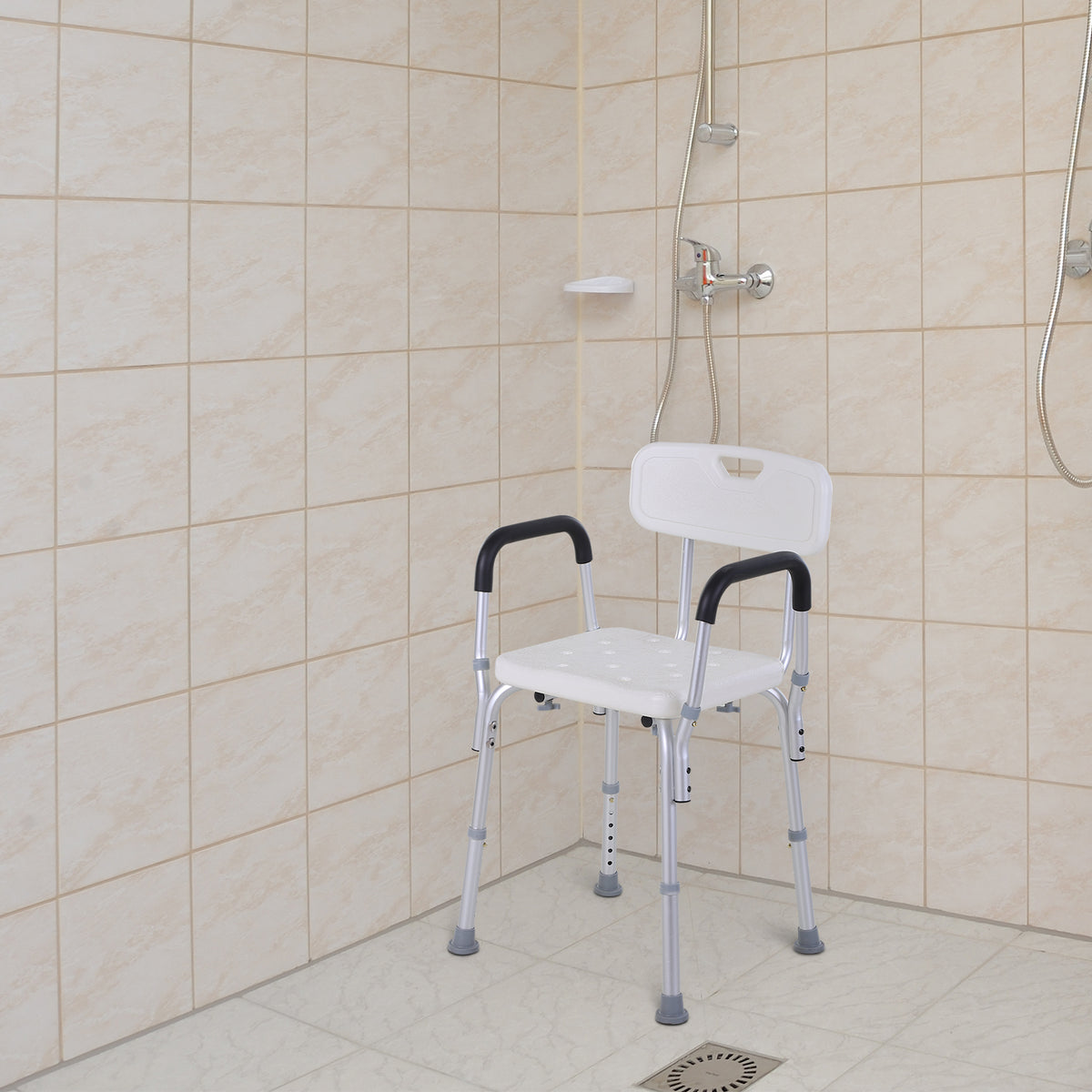 Cadeira para Duche Antiderrapante com Altura Ajustável em 6 Níveis Cadeira de Banho com Apoio para os Braços e Encosto 51,5x51,5x71-84 cm Branco — foto 2