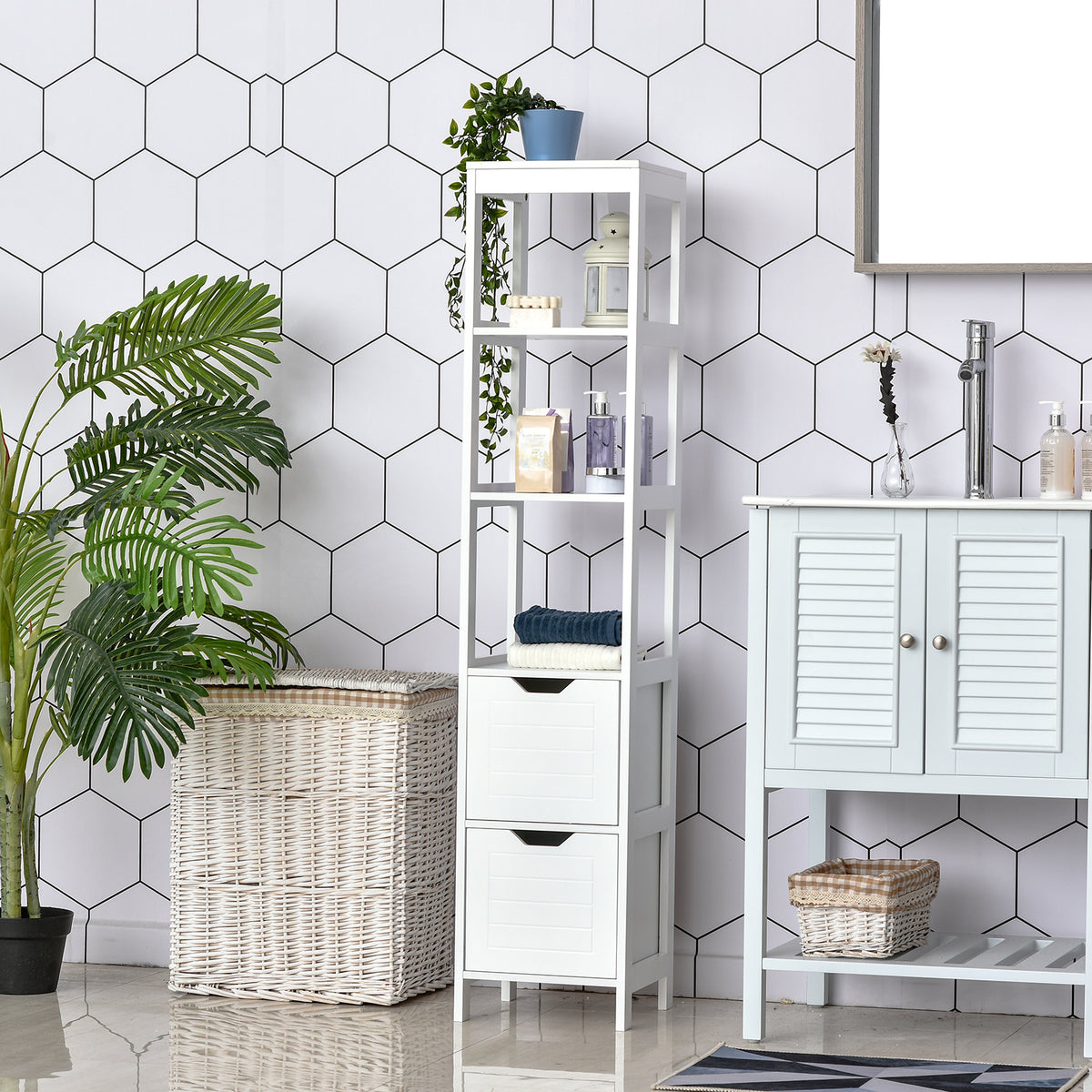 Armário de banheiro alto Multiuso Armário da coluna 3 prateleiras abertas e 2 gavetas de armazenamento 30x30x144 cm Branco — foto 2